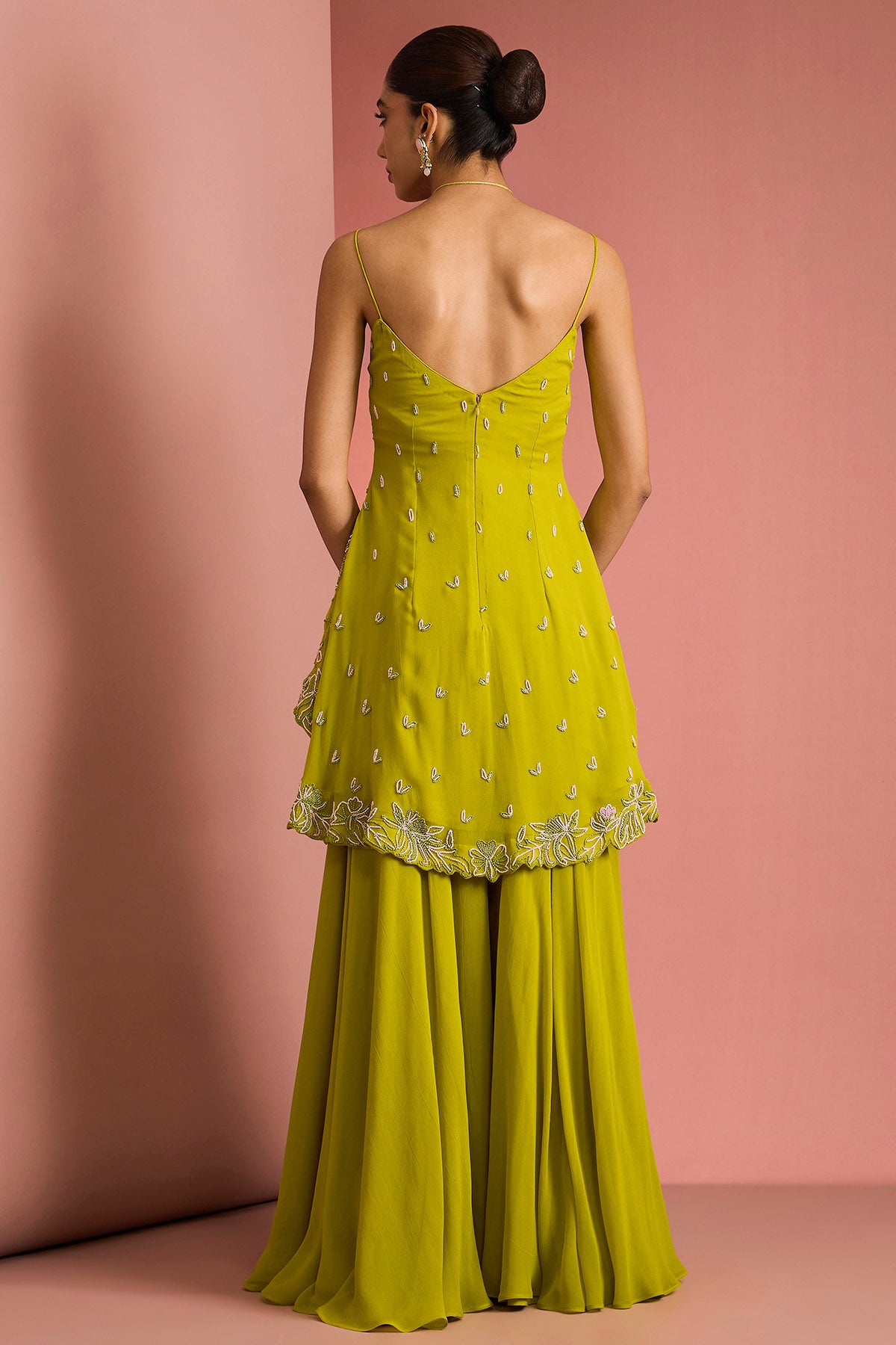 Green Peplum Bead Sharara Set