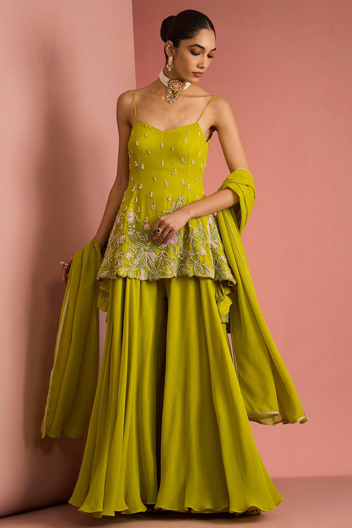Buy Green Peplum Bead Sharara Set for women by Milu Madan online available at scrollnshops