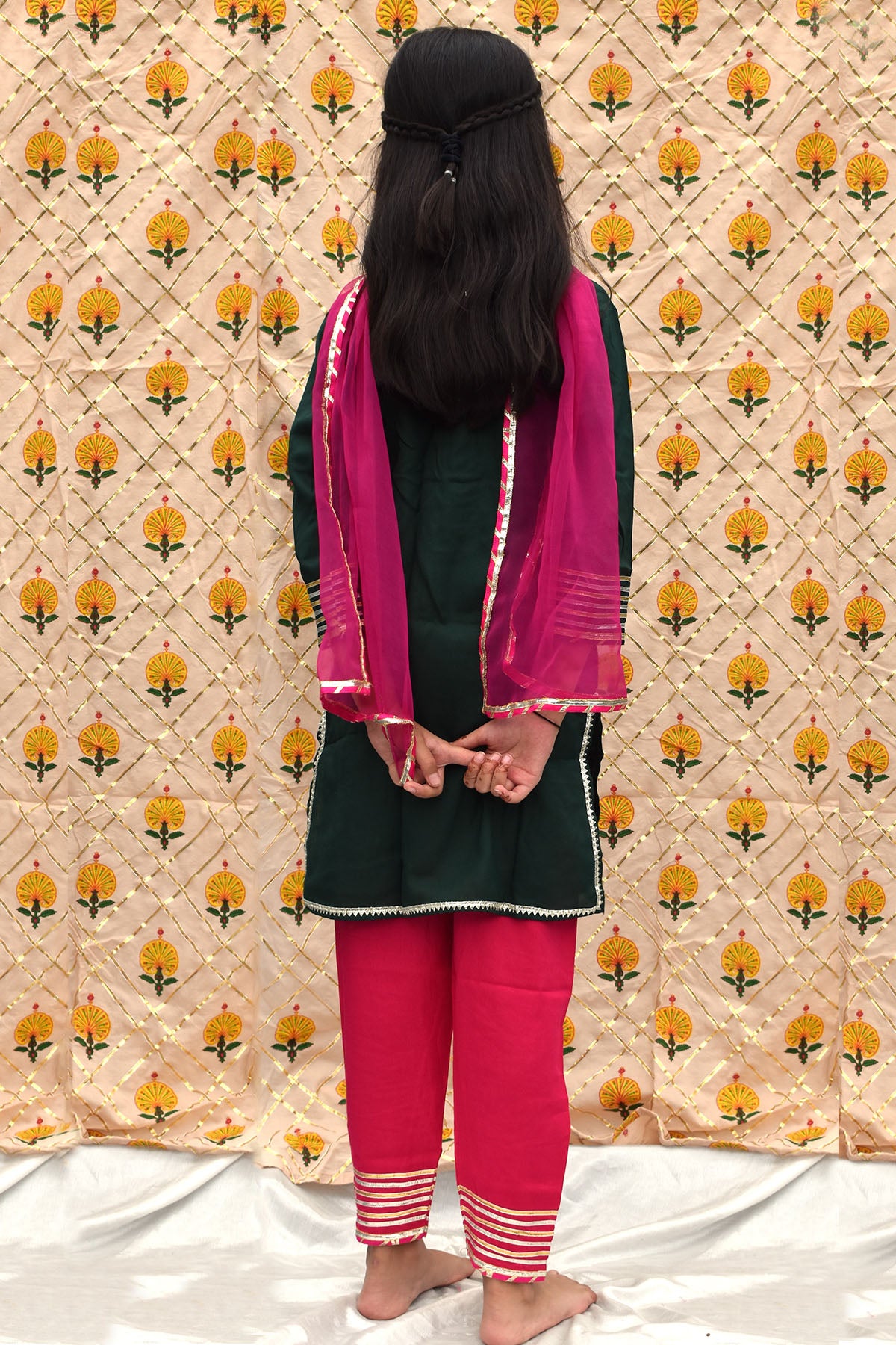 Green & Pink Button Kurta Set