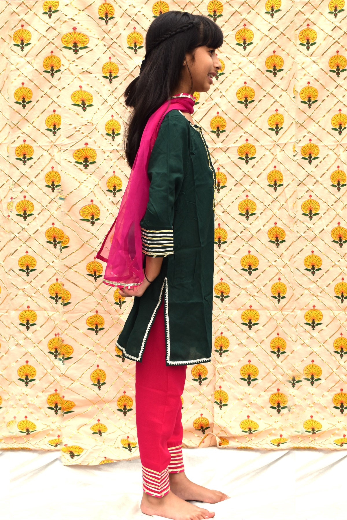 Green & Pink Button Kurta Set