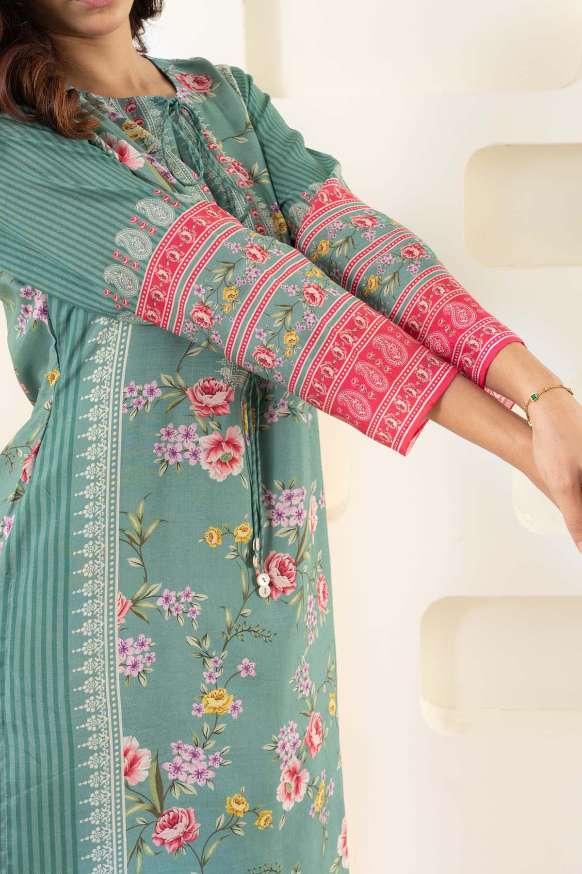 Green & Pink Printed Kurta Set