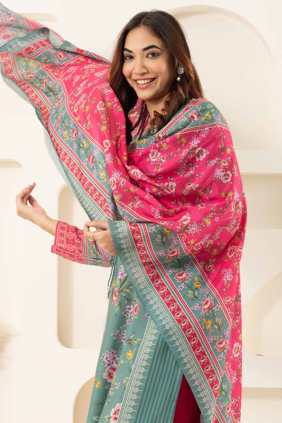 Green & Pink Printed Kurta Set