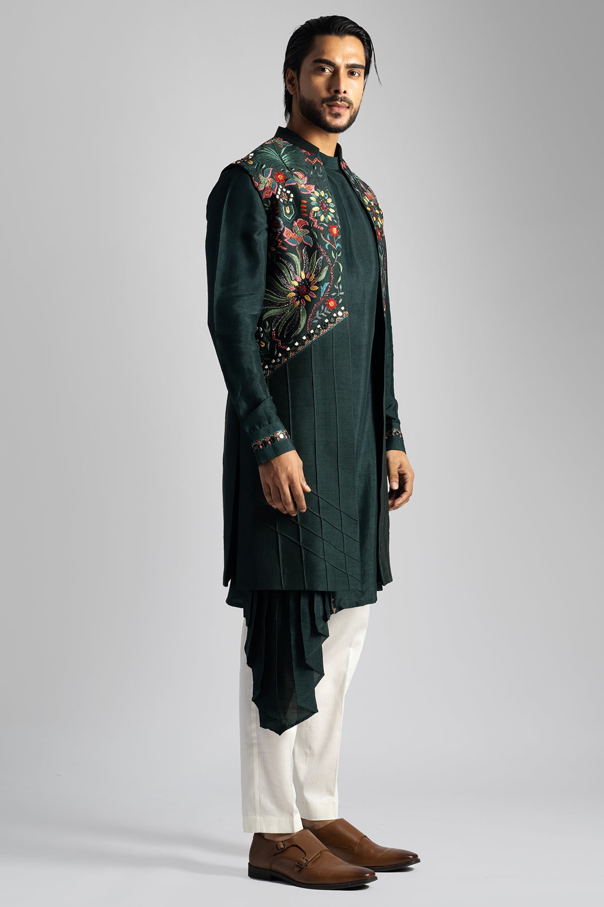 Green Pintuck Bundi Kurta Set