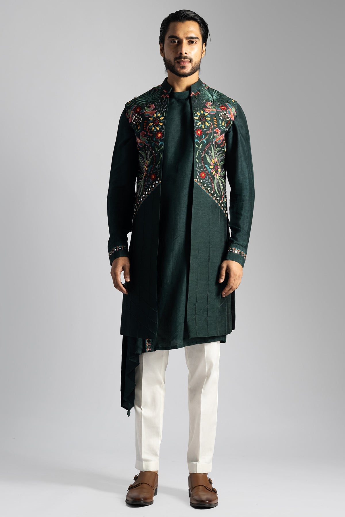 Buy Green Pintuck Bundi Kurta Set for men by Paarsh Atelier online available at scrollnshops