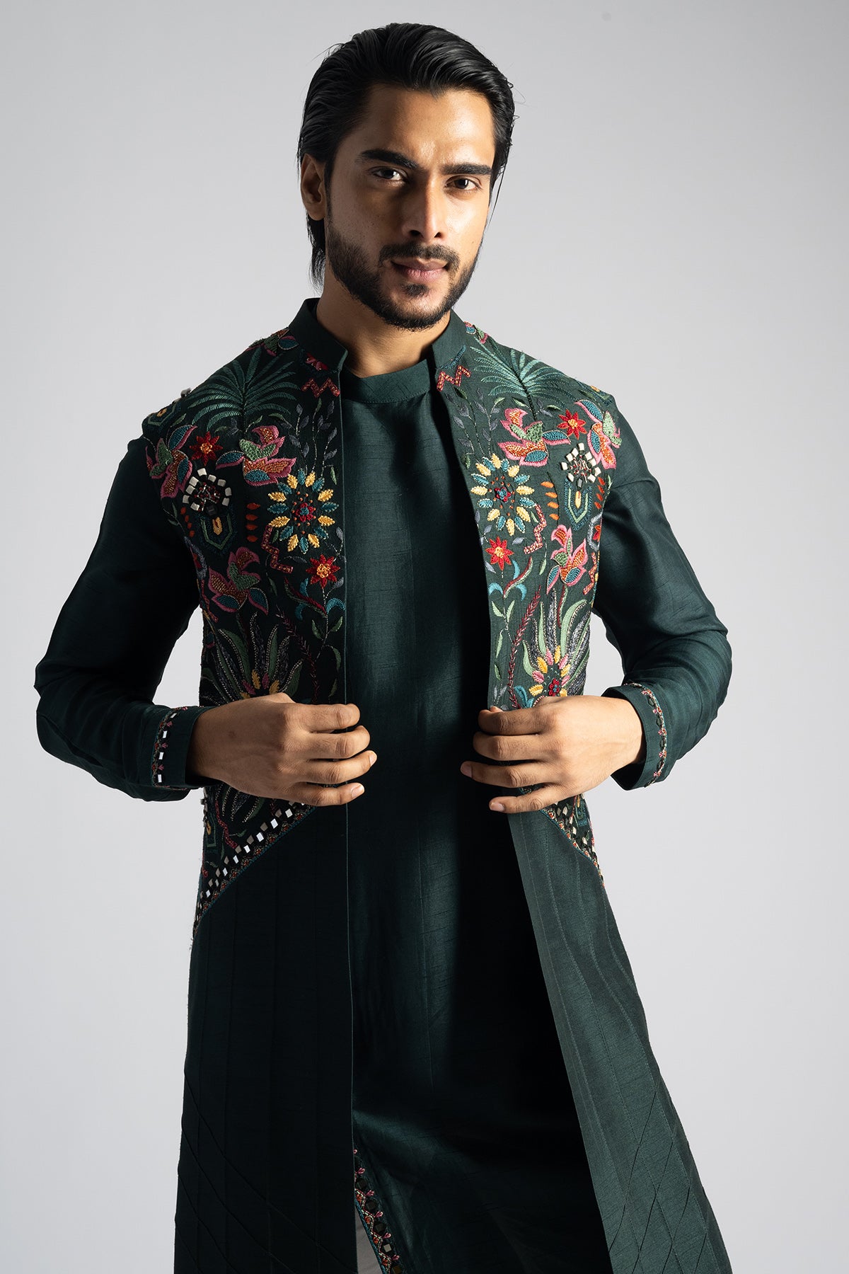 Green Pintuck Bundi Kurta Set