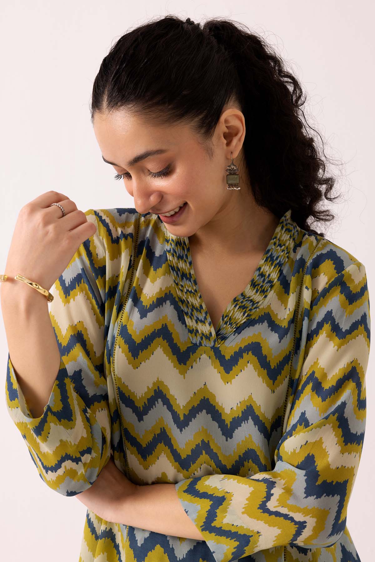 Green Pintuck Neck Kurta Set