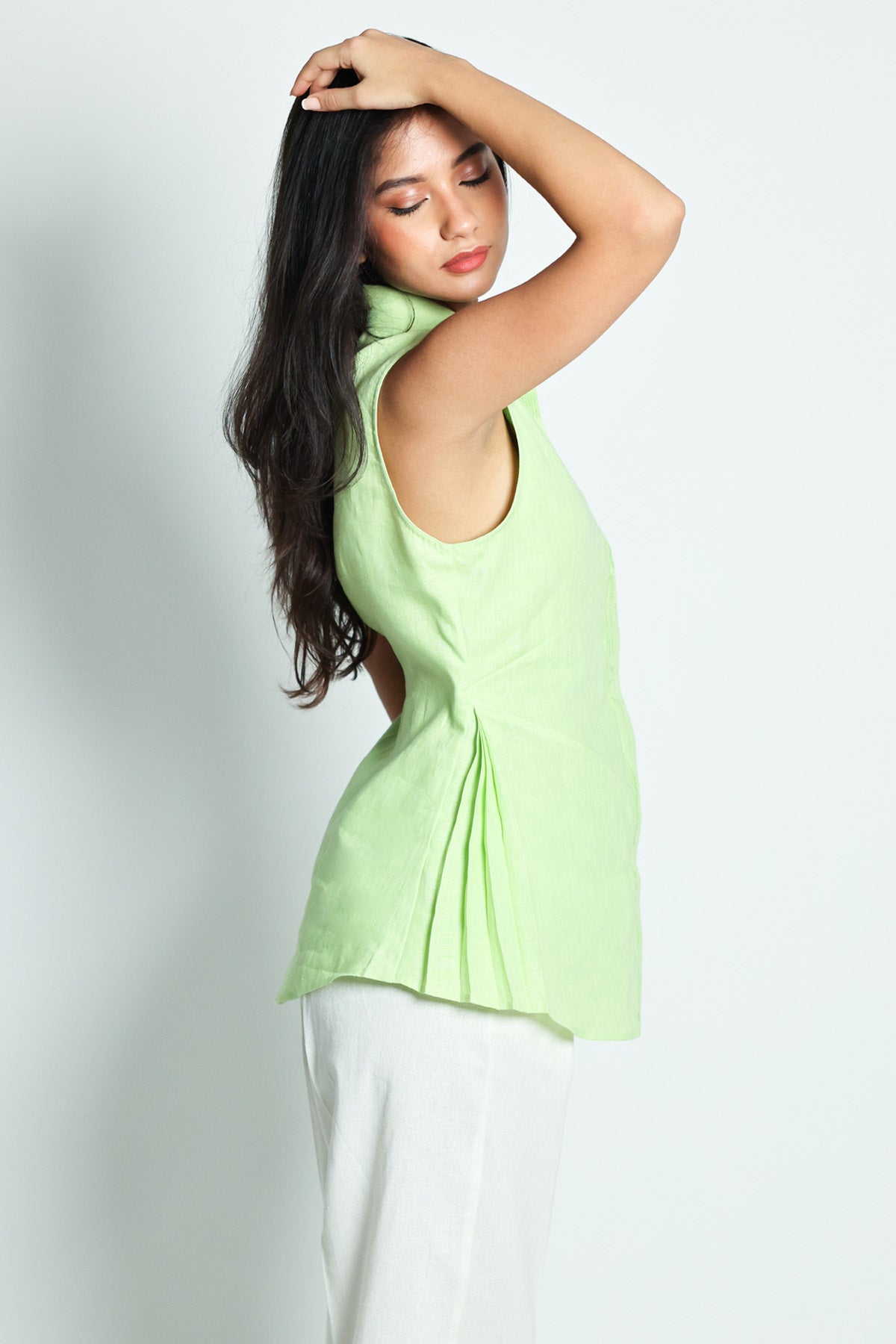 Green Pintuck Pleated Shirt