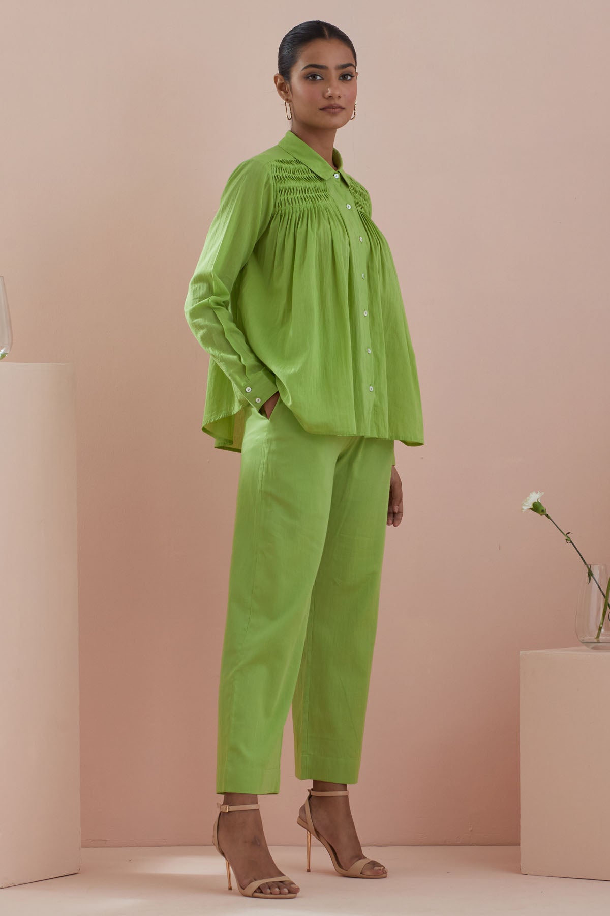 Green Pintuck Shirt & Pants