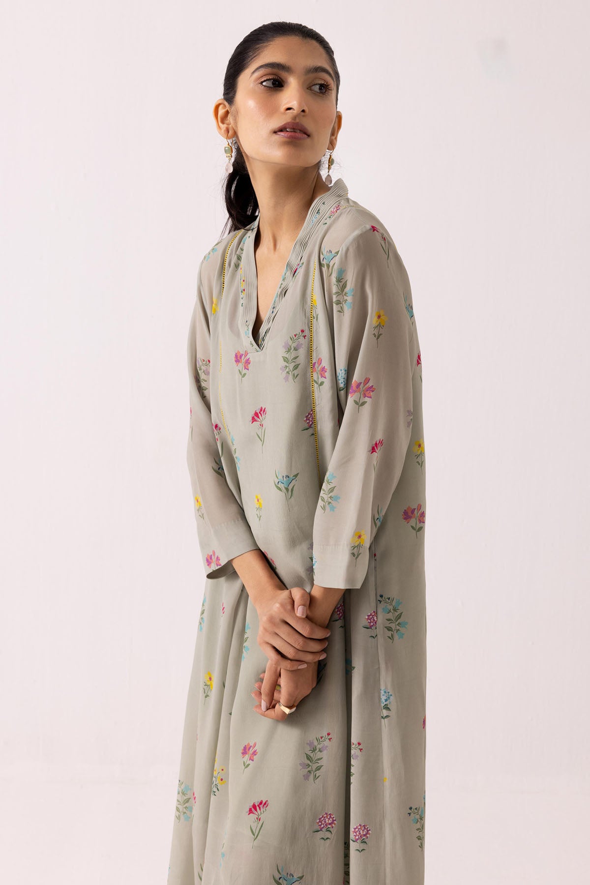 Green Pintuck V-Neck Kurta Set