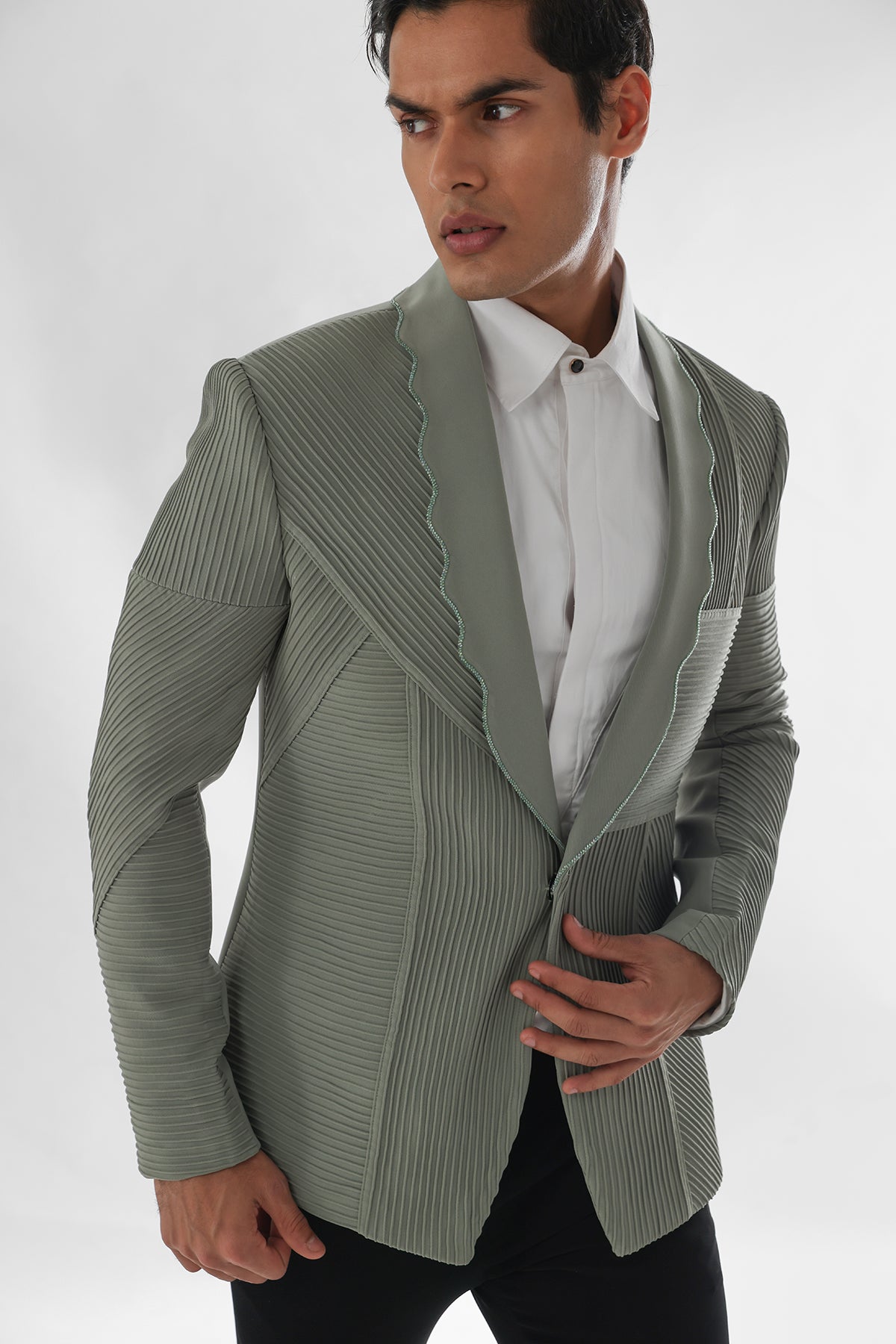 Green Pintuck Work Tuxedo Set