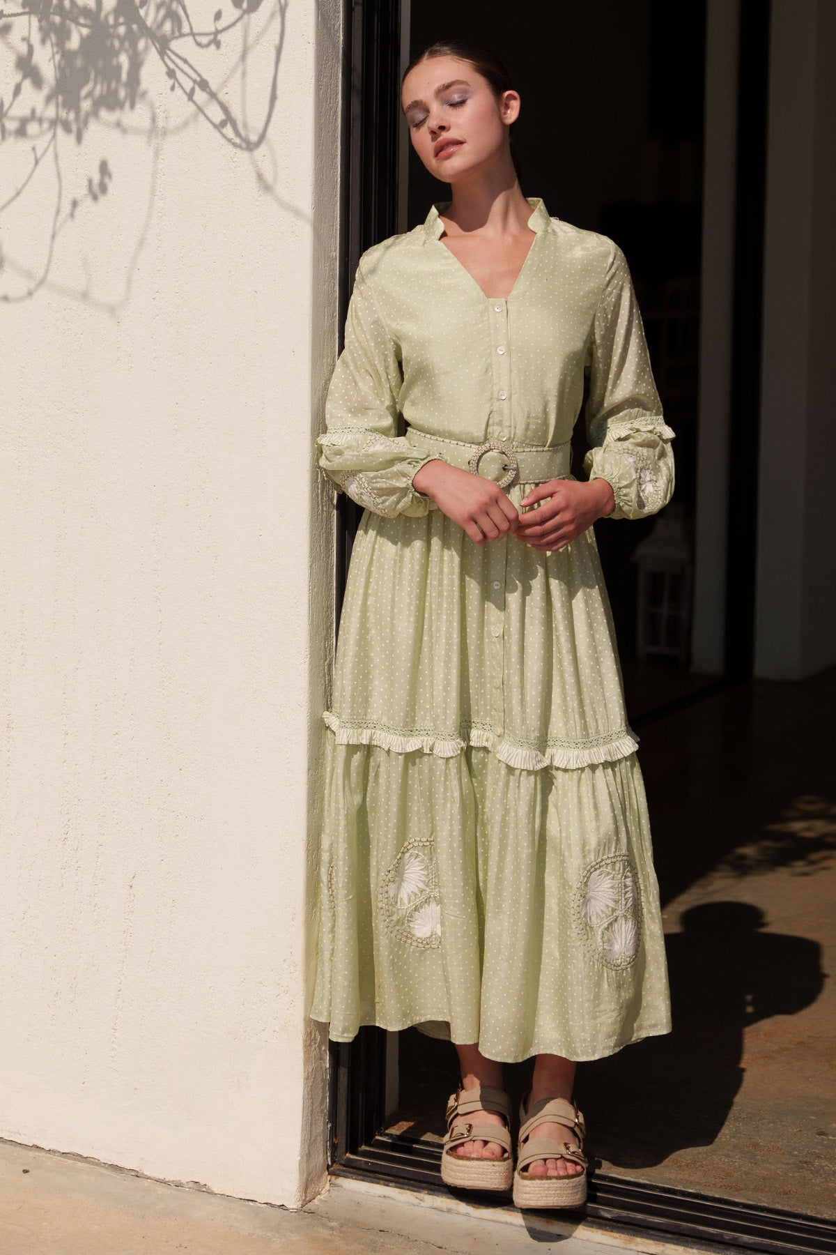 Green Polka Printed Midi Dress