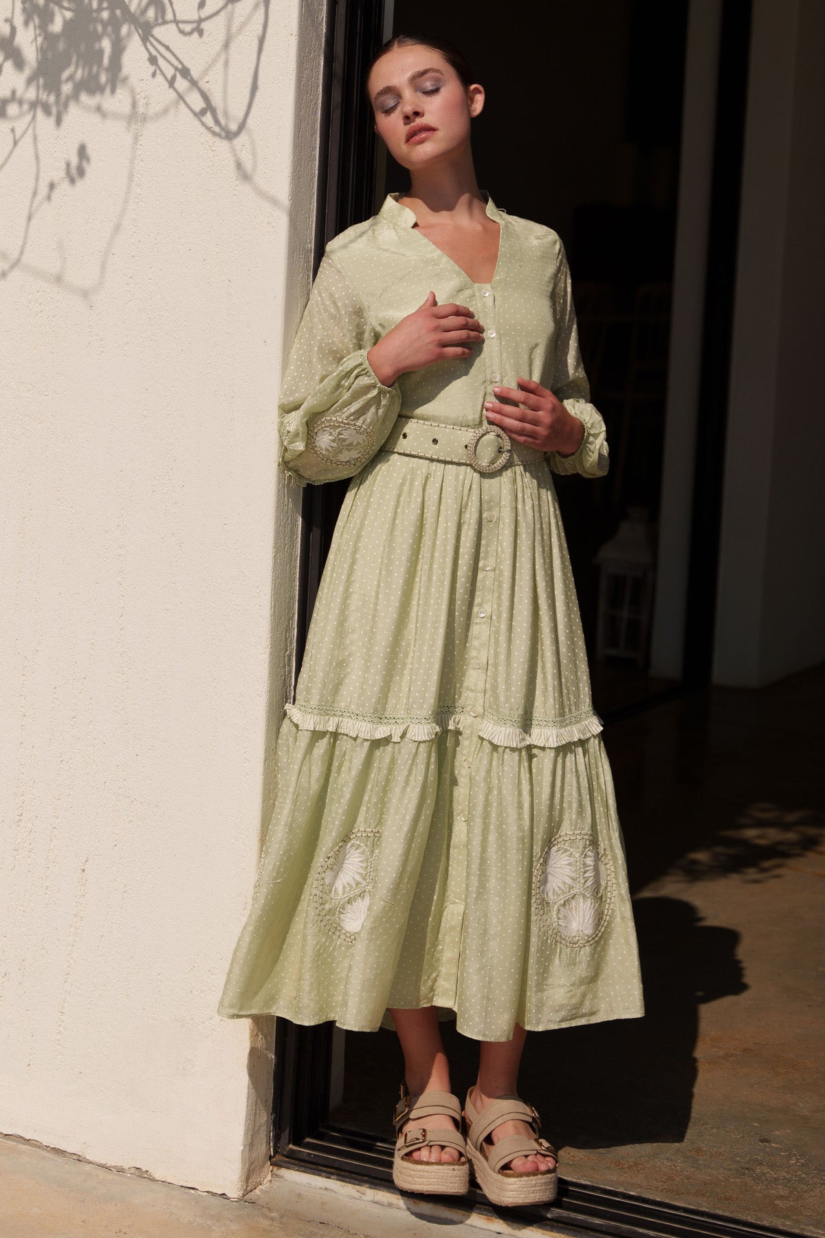 Green Polka Printed Midi Dress