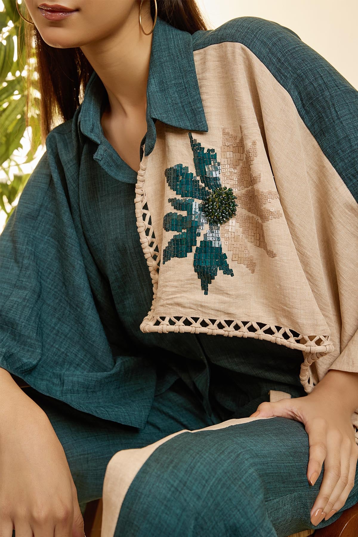 Green Poncho Top & Slit Pants