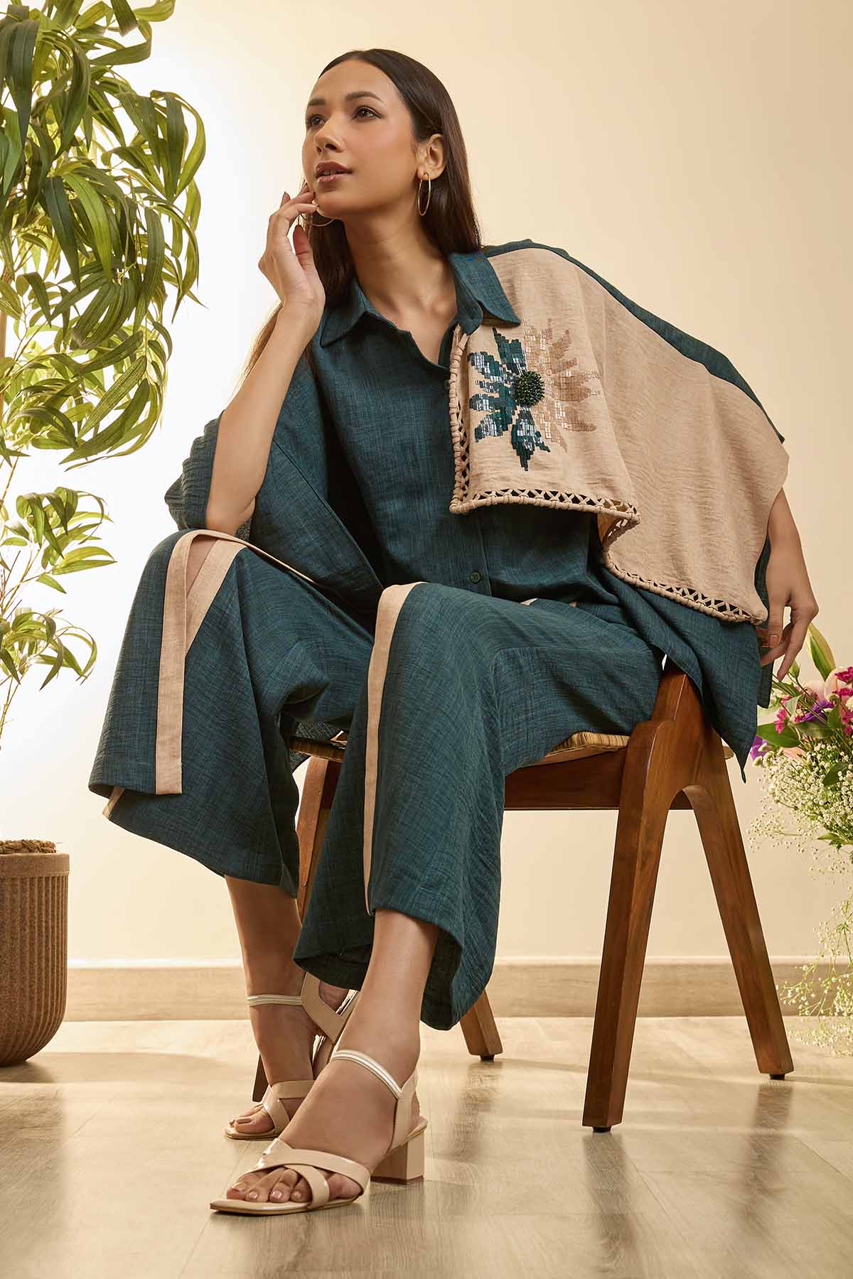 Green Poncho Top & Slit Pants