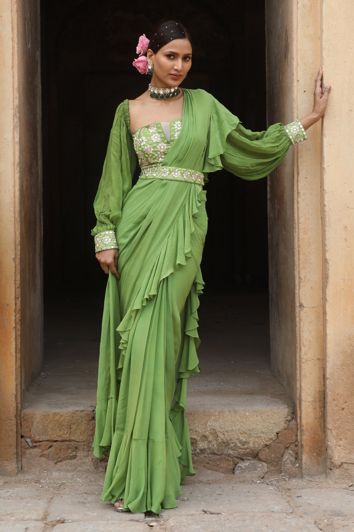 Buy Green Pre-Draped Frill Saree by Nitisha Kashyap for women online at ScrollnShops