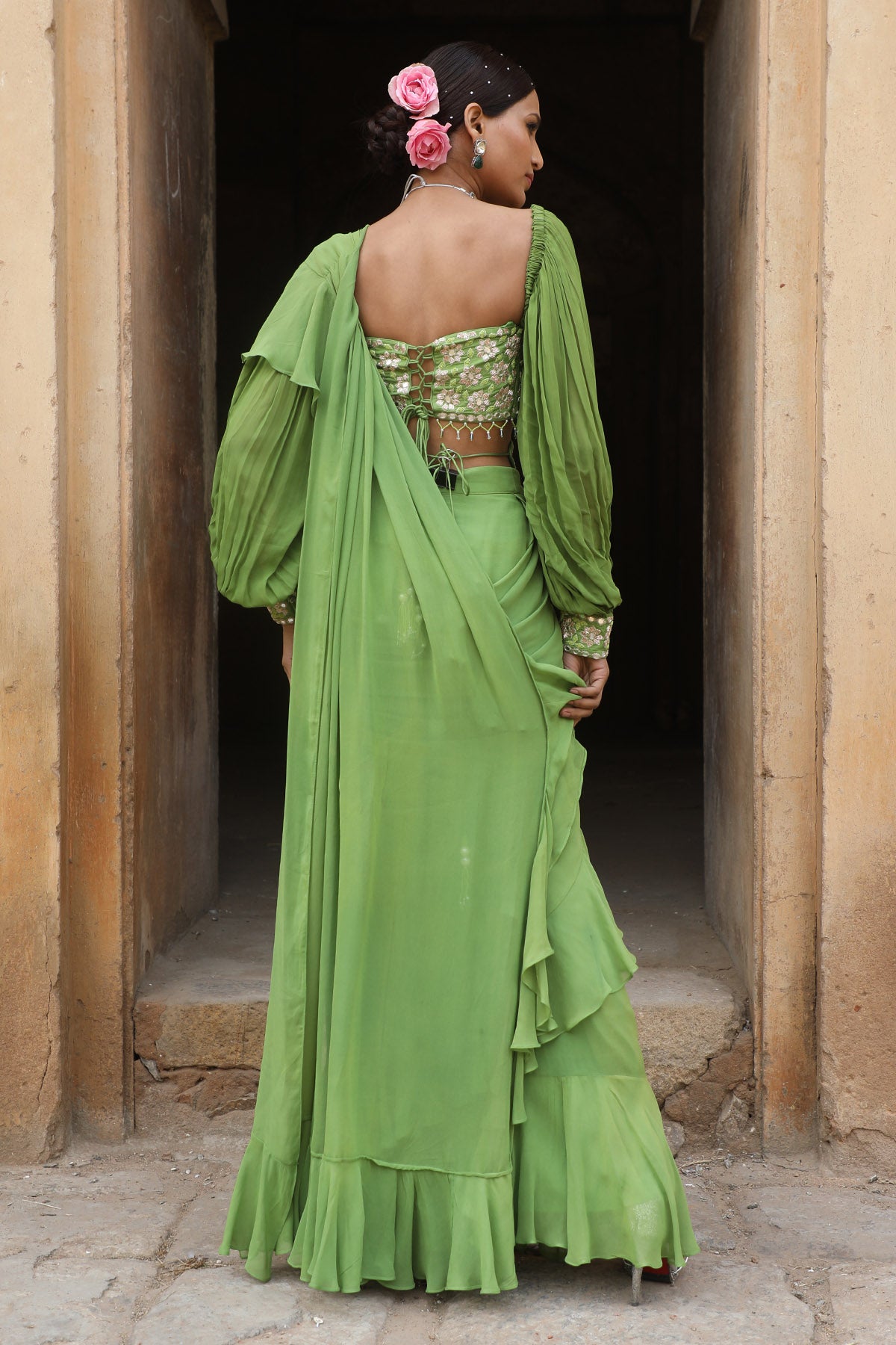 Green Pre-Draped Frill Saree