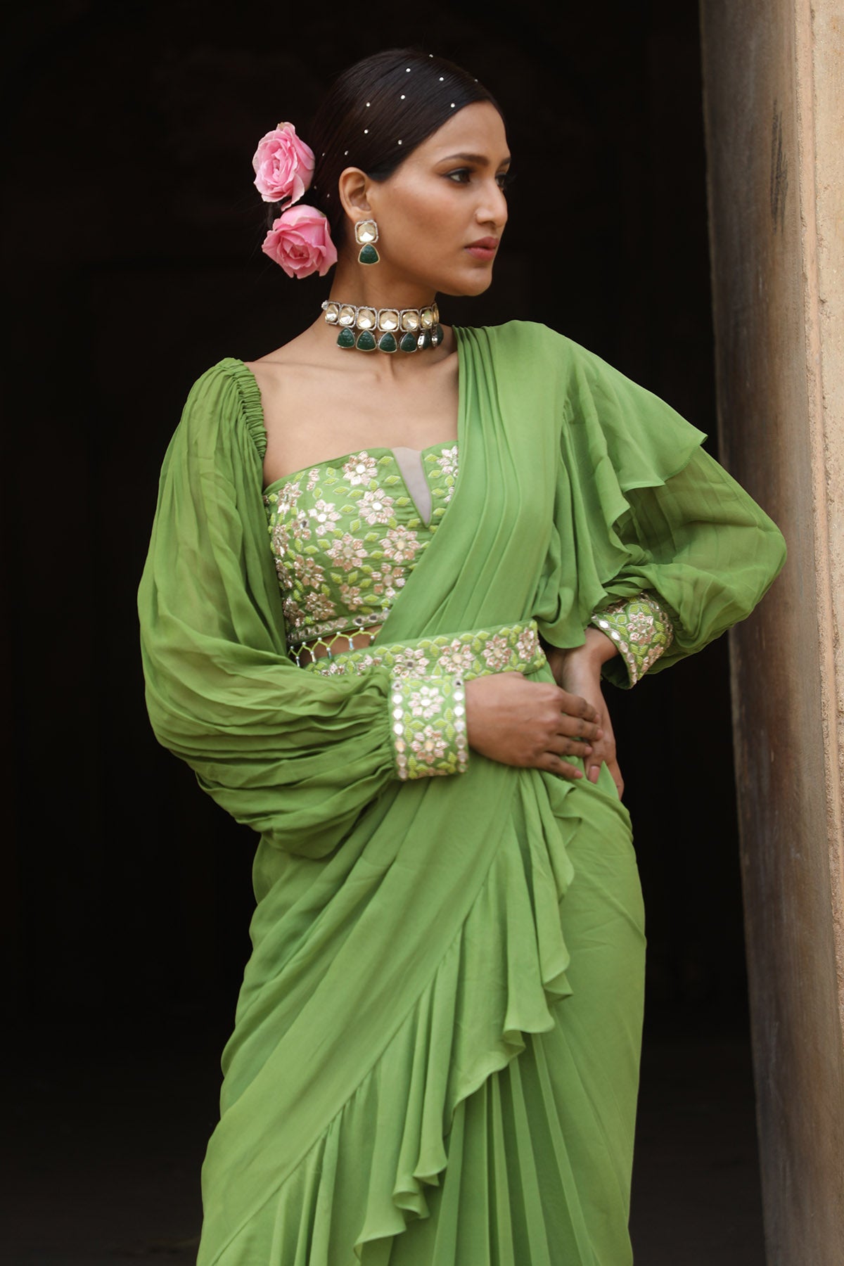 Green Pre-Draped Frill Saree