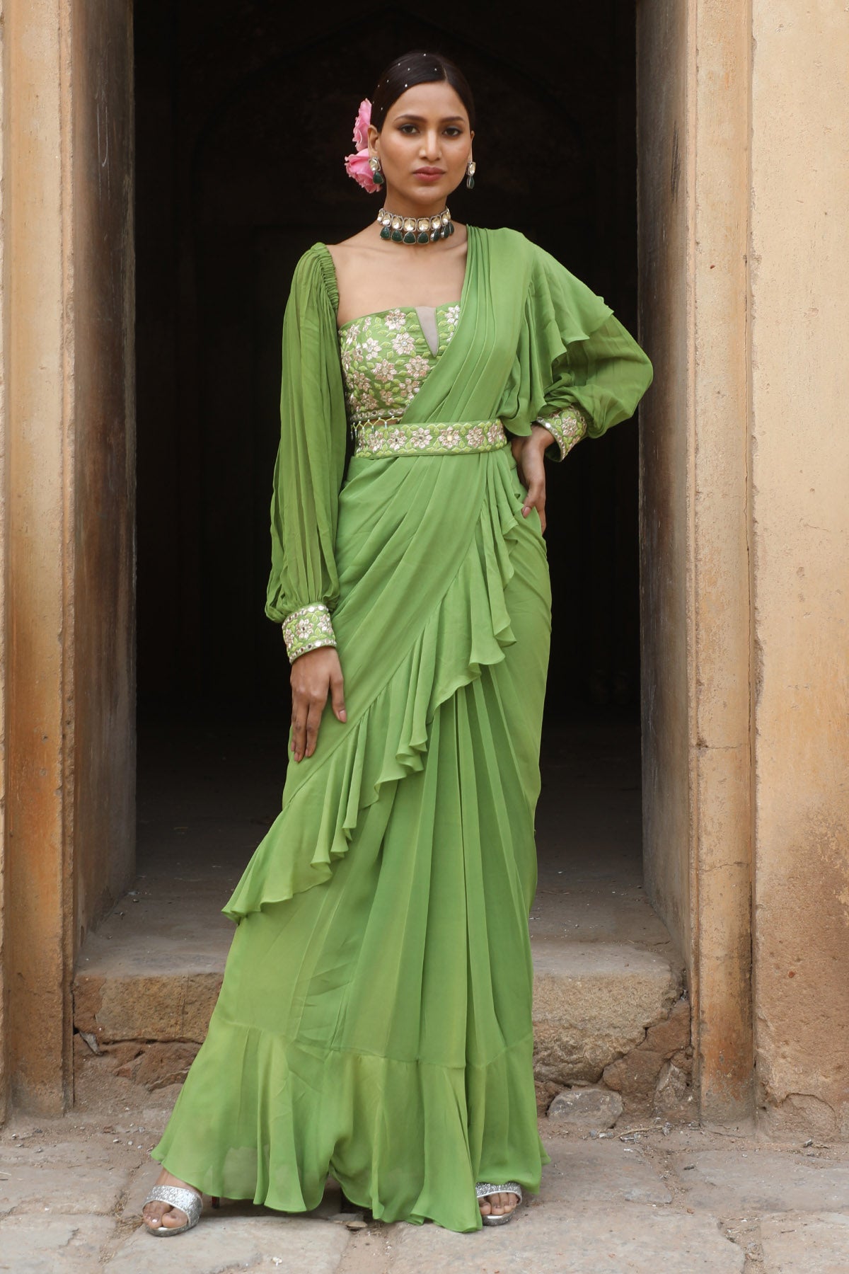 Green Pre-Draped Frill Saree