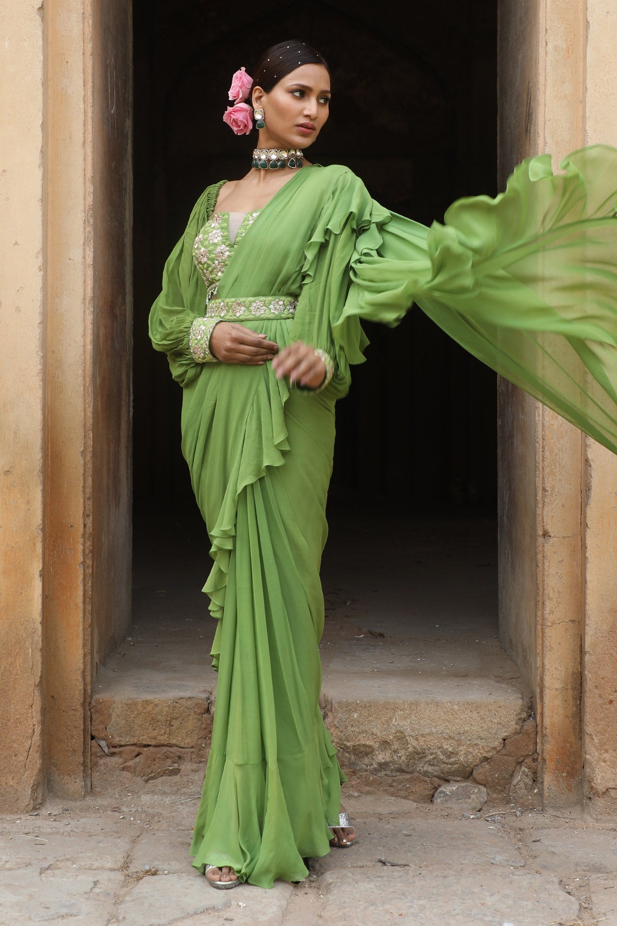 Green Pre-Draped Frill Saree