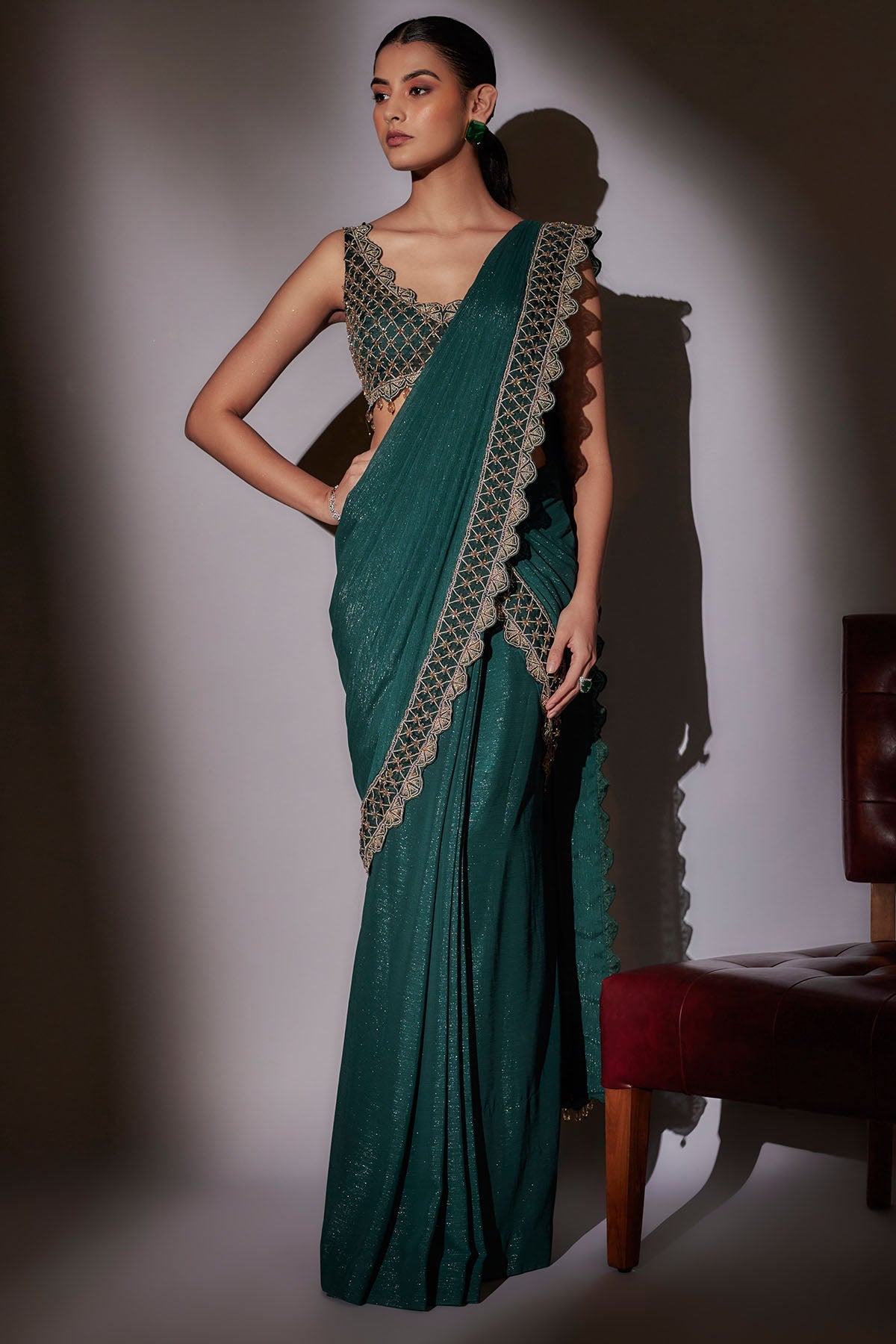 Buy Green Pre-Draped Saree & Blouse by Ajiesh Oberoi for women online at ScrollnShops