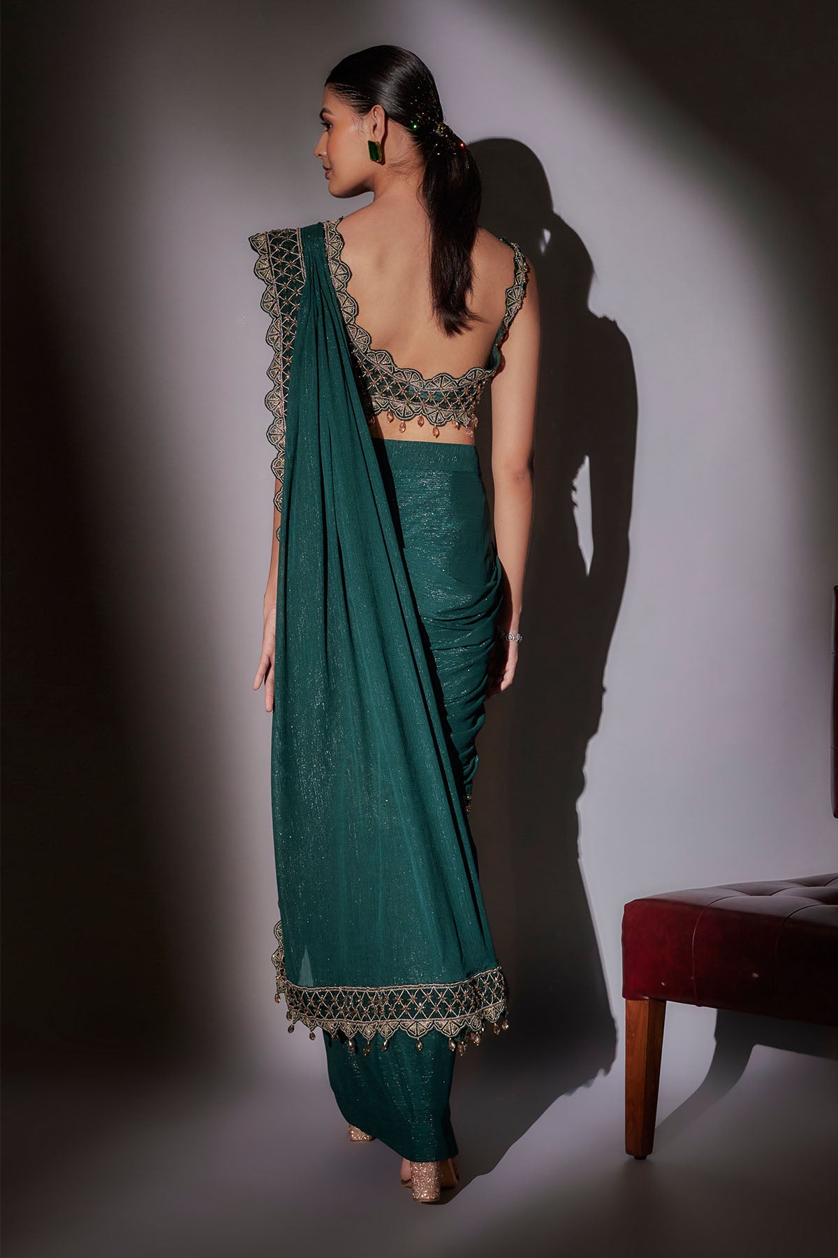Green Pre-Draped Saree & Blouse