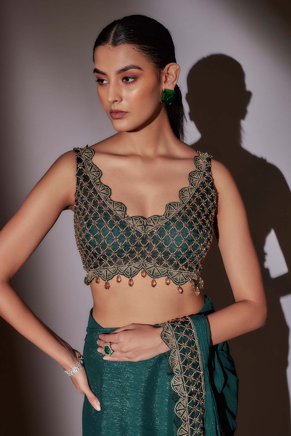 Green Pre-Draped Saree & Blouse