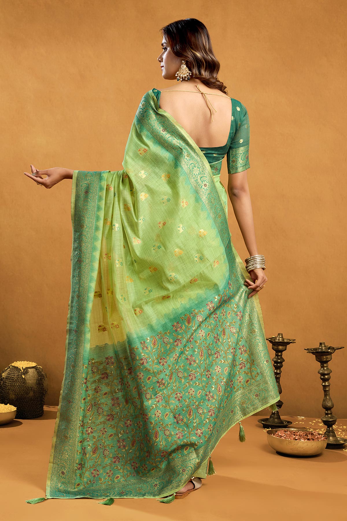 Green Premium Cotton Zari Saree