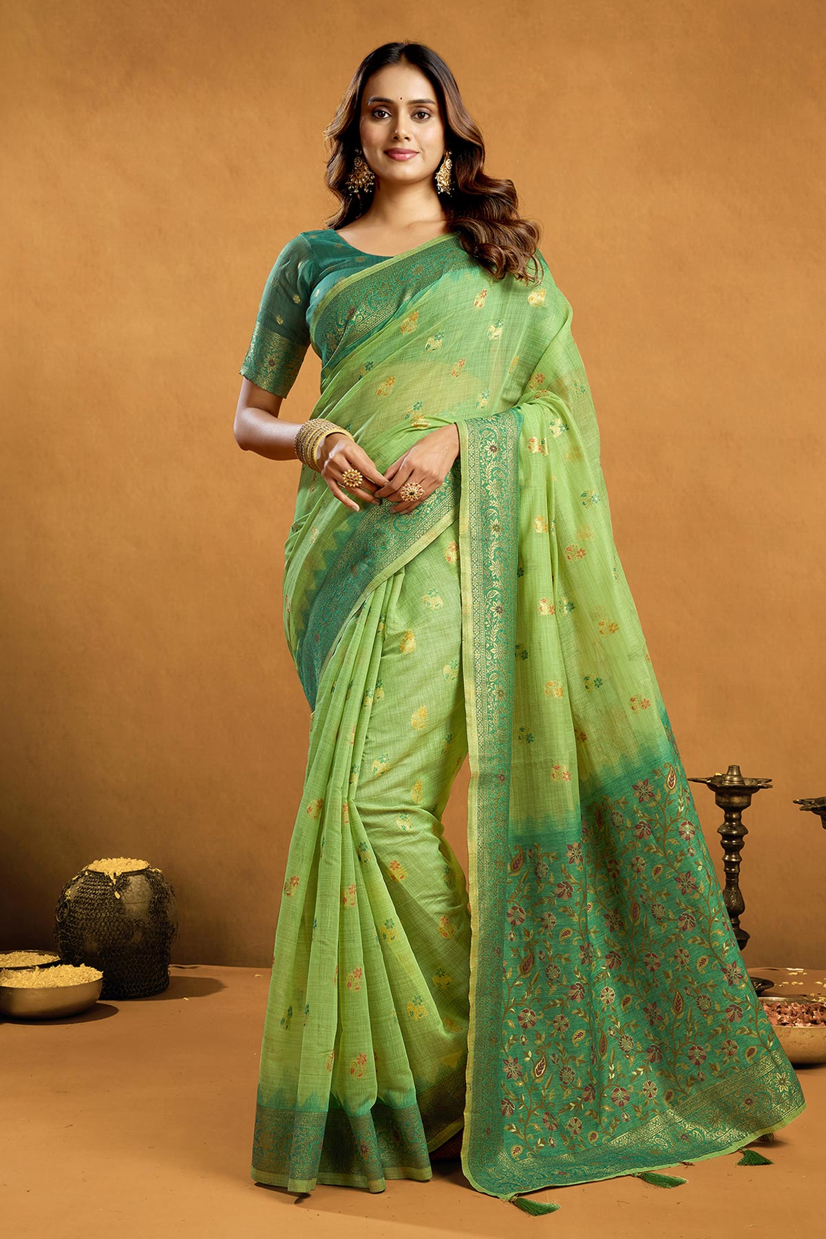 Buy Green Premium Cotton Zari Saree for women by Jyoti Fashion online available at scrollnshops
