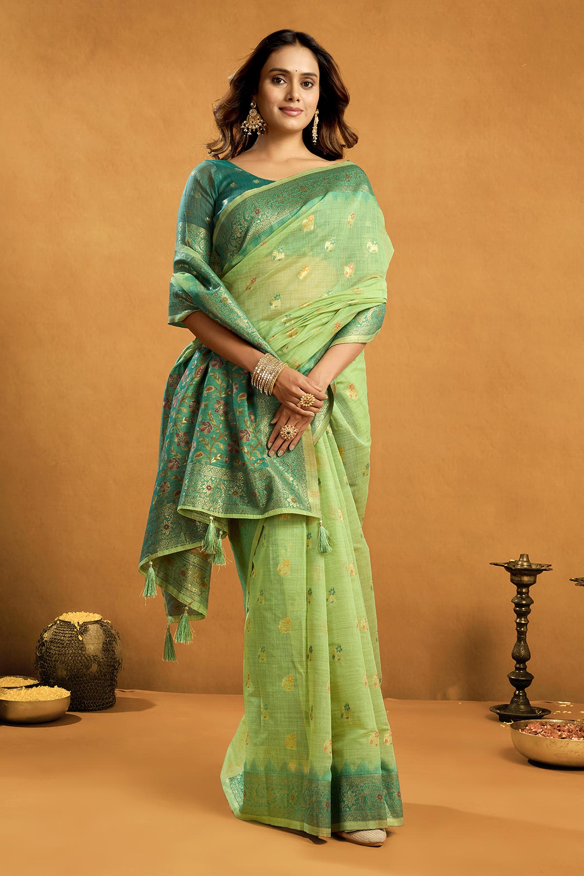 Green Premium Cotton Zari Saree