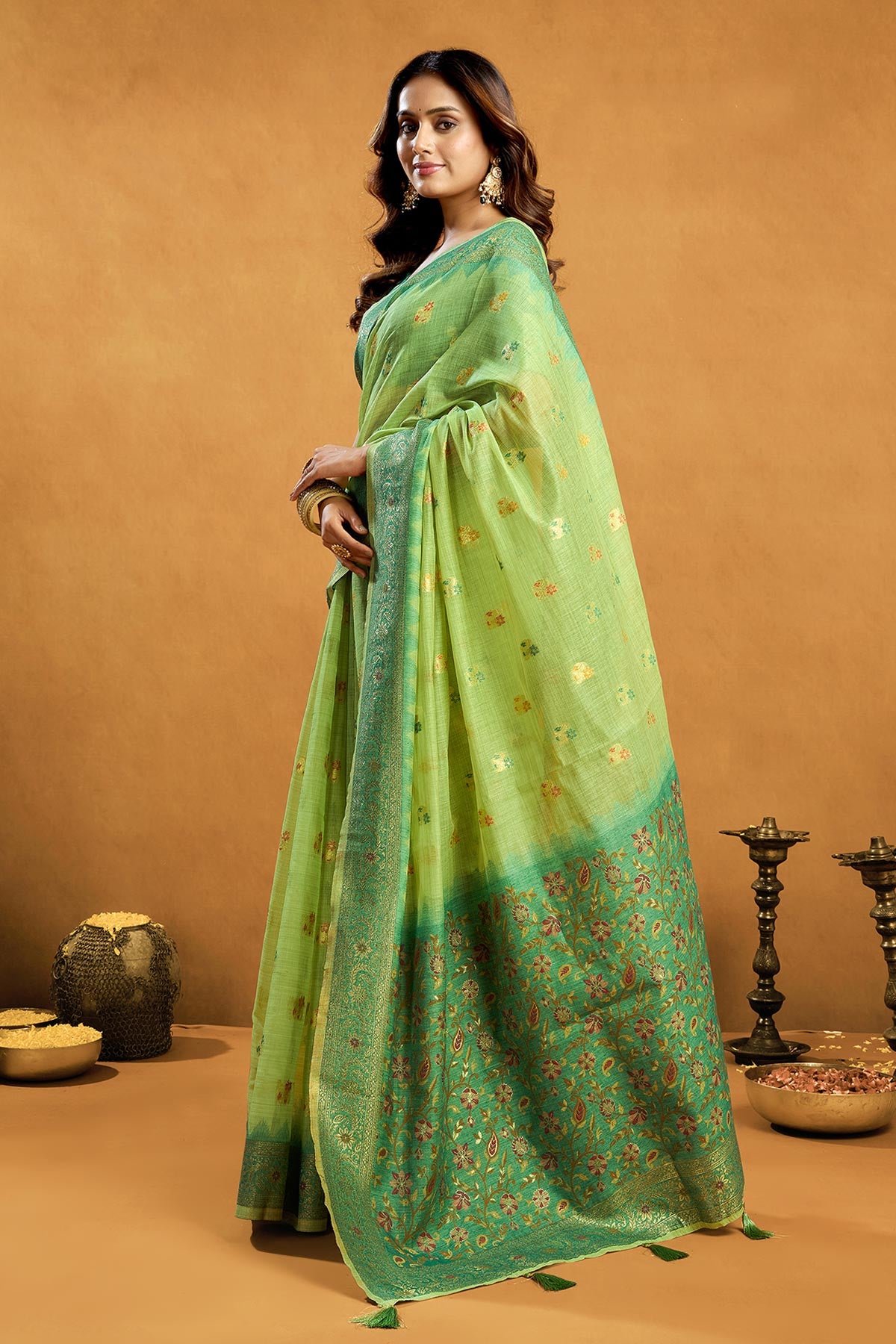 Green Premium Cotton Zari Saree