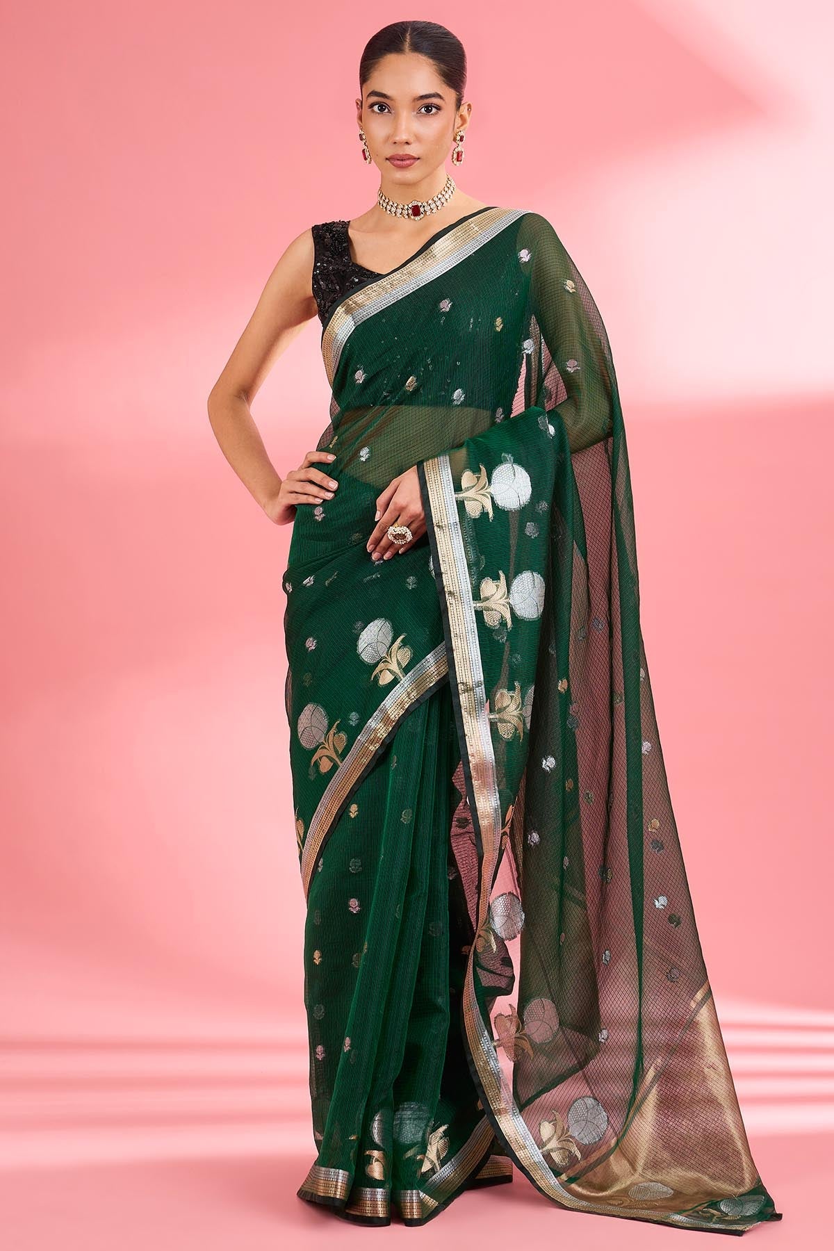 Buy Green Premium Kota Doria Saree for women by Milu Madan online available at scrollnshops