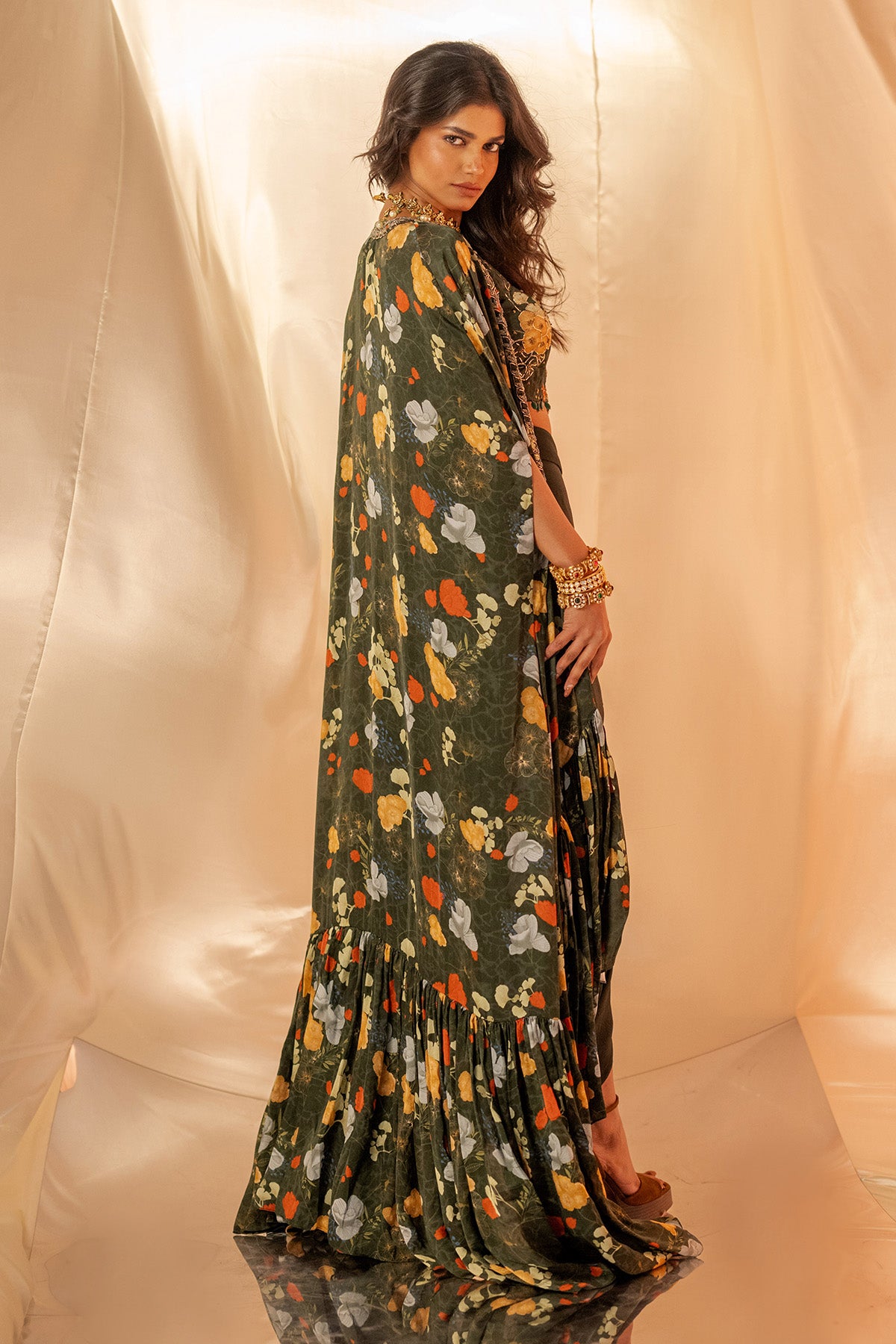 Green Print Embroidered Cape Set