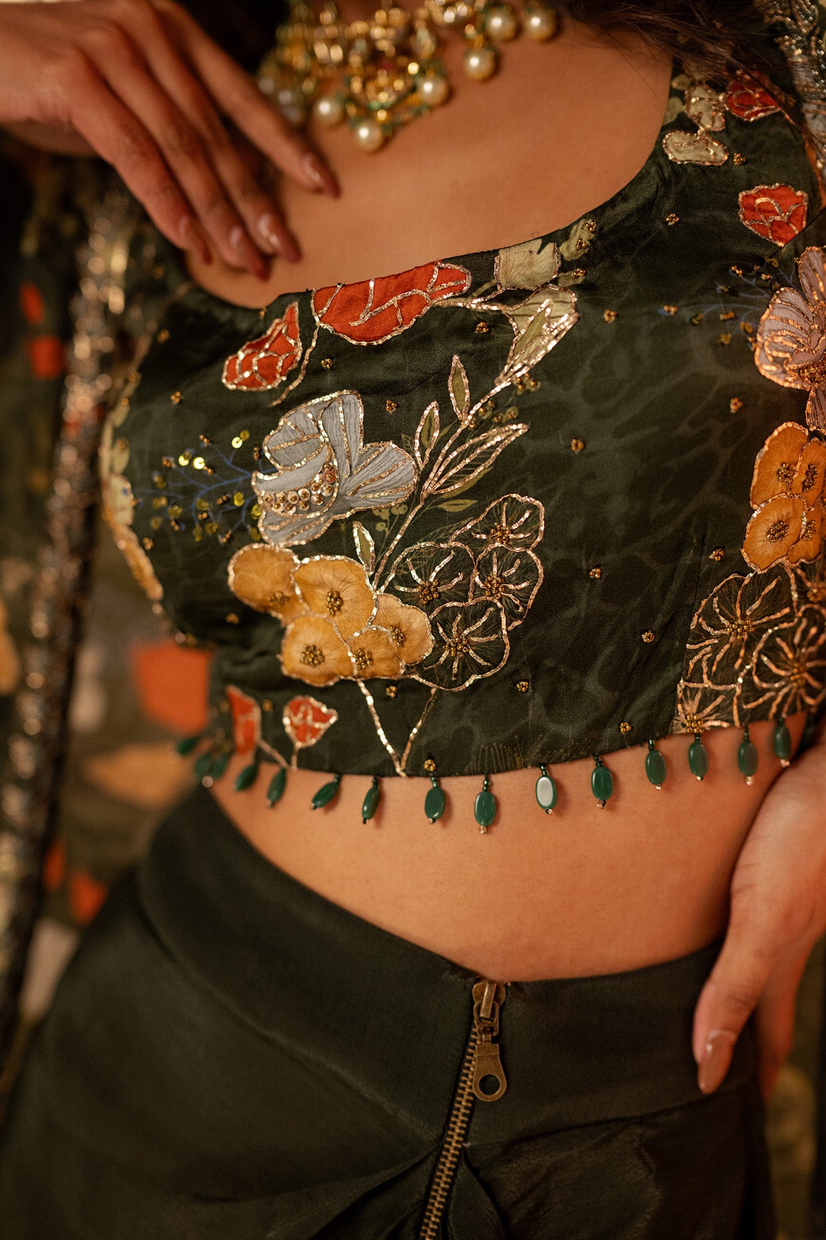 Green Print Embroidered Cape Set