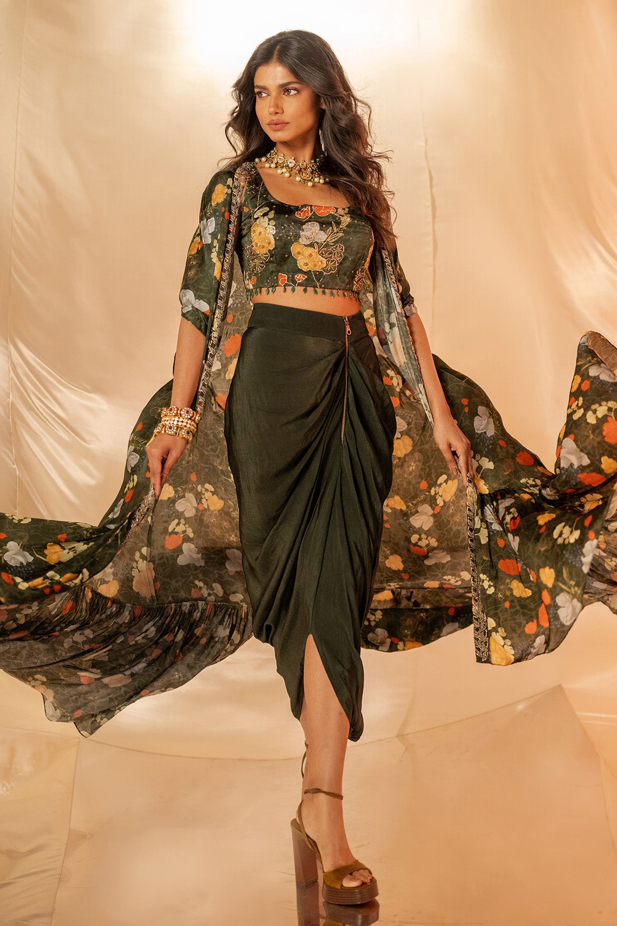 Green Print Embroidered Cape Set