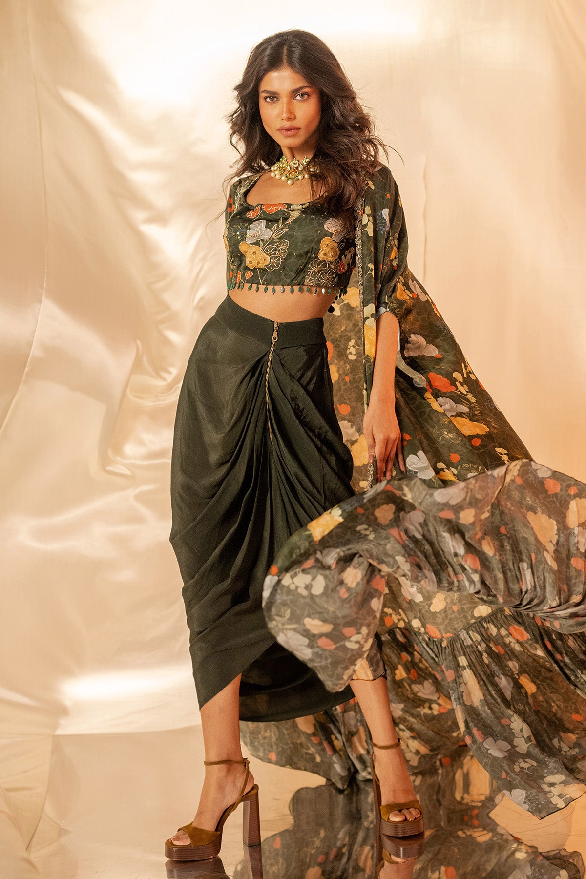 Green Print Embroidered Cape Set