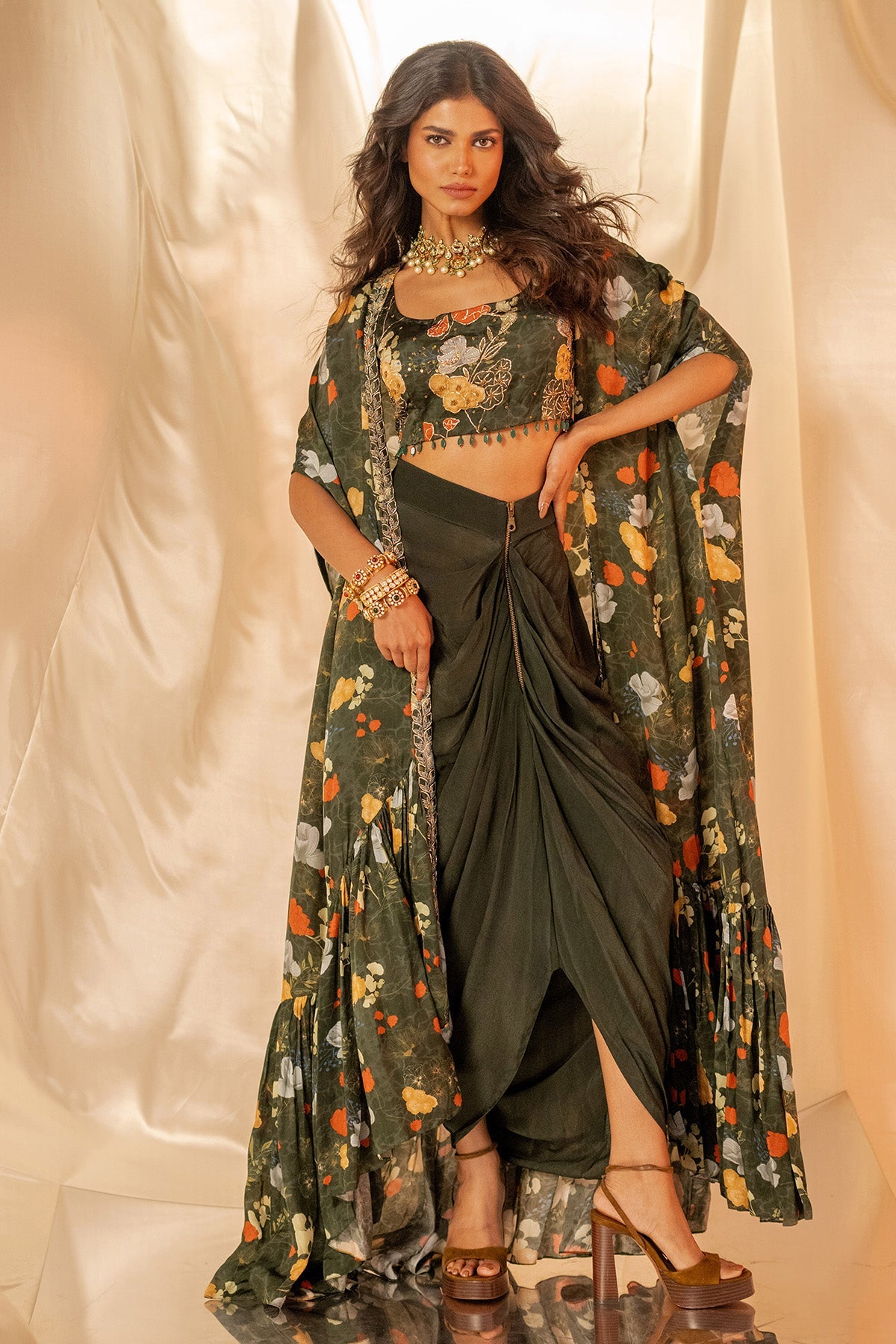 Buy Green Print Embroidered Cape Set by Shristi Chetani for women online at ScrollnShops