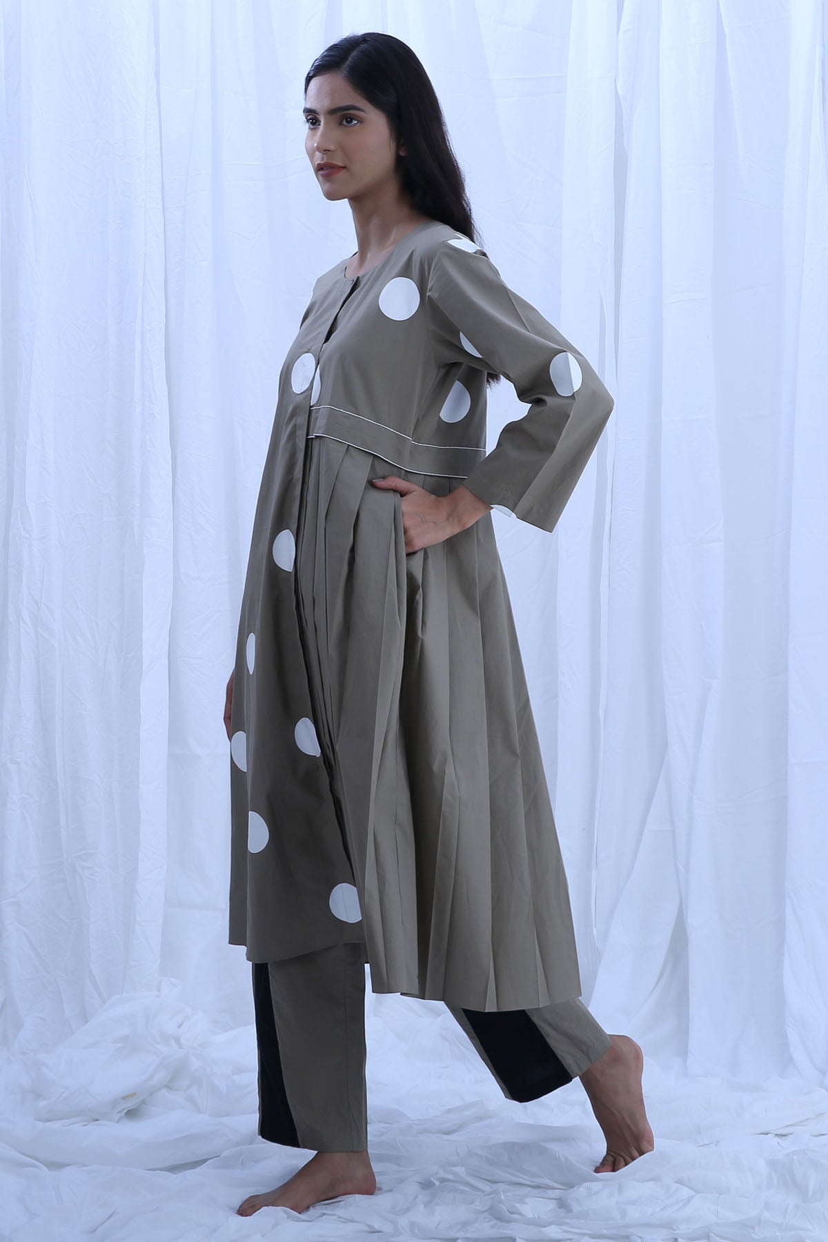 Green Print Pleated Kurta Set