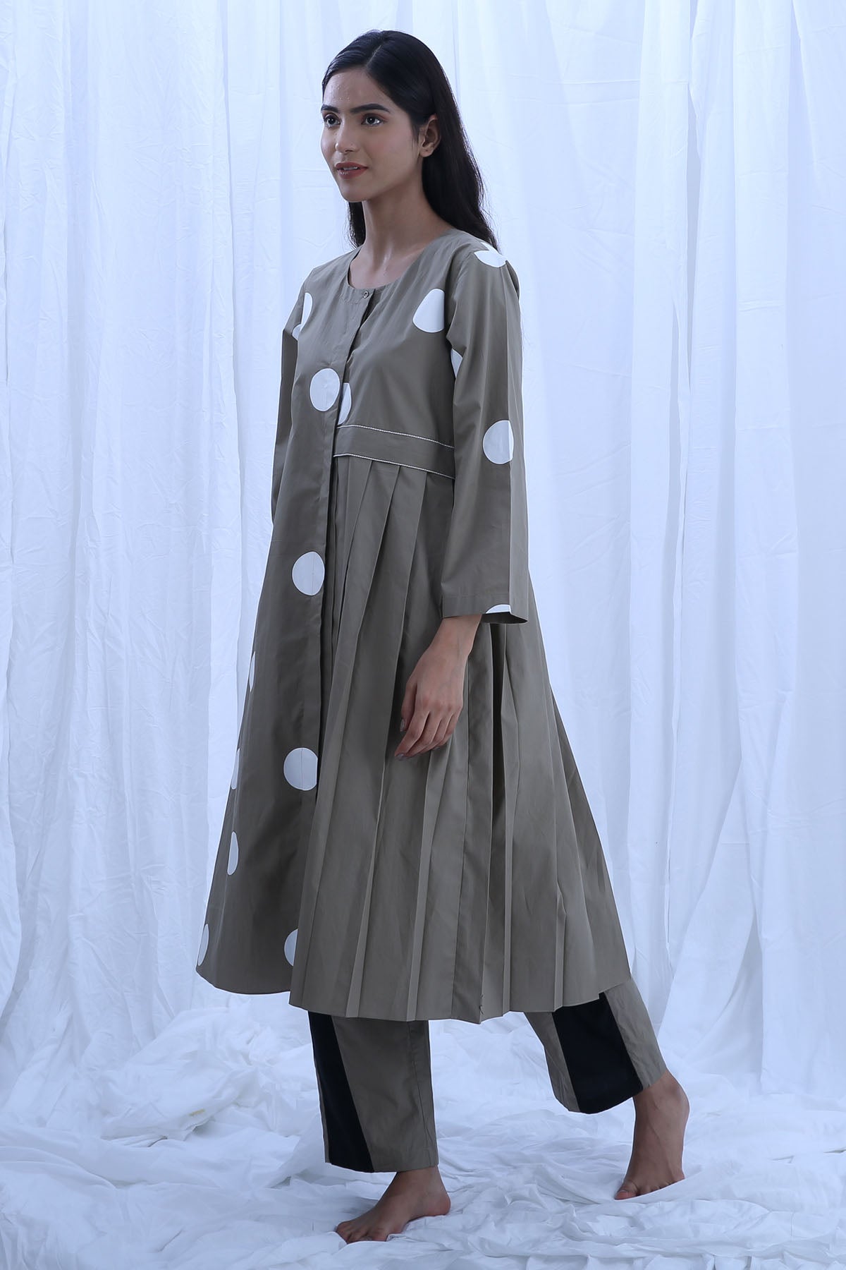 Green Print Pleated Kurta Set