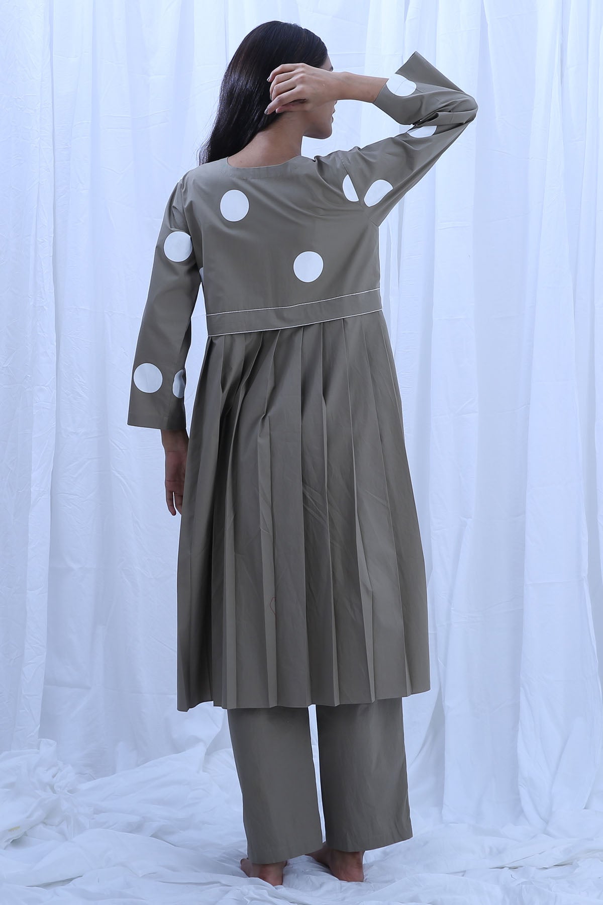 Green Print Pleated Kurta Set