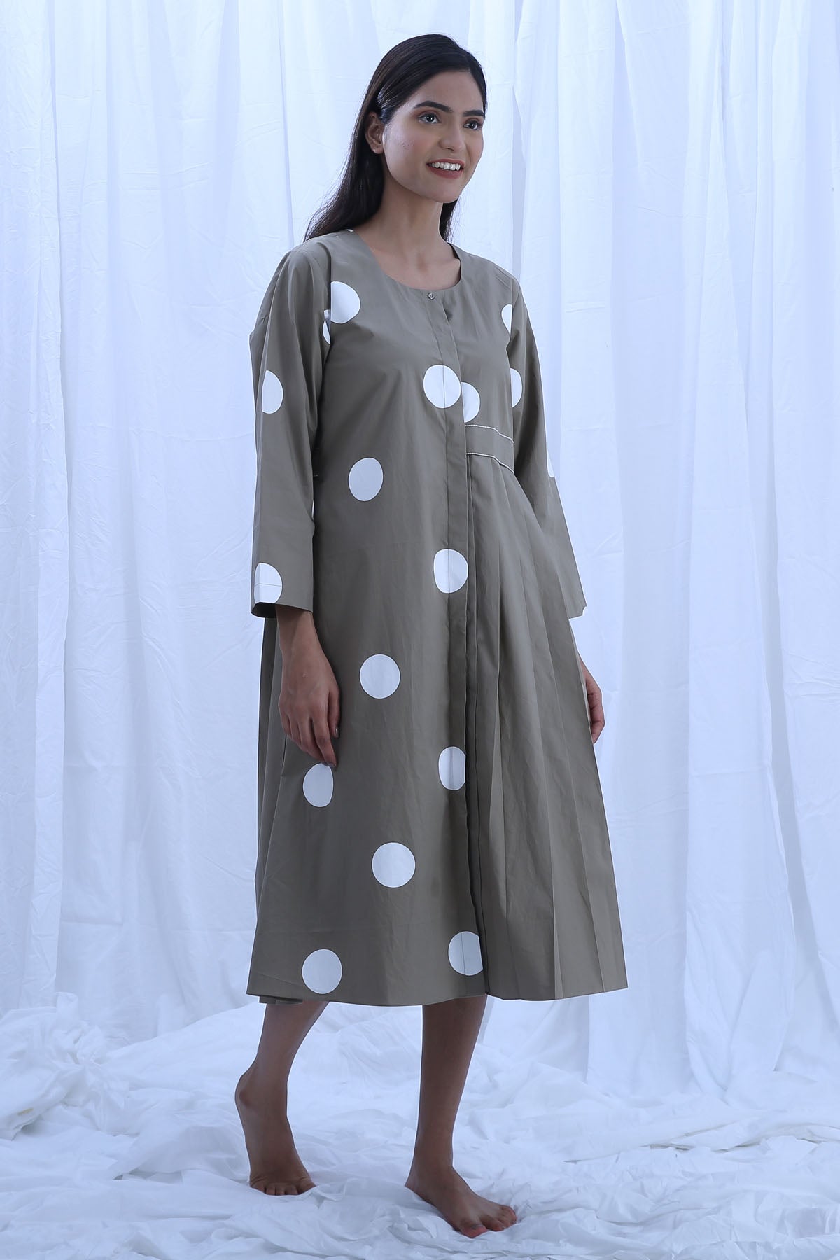 Green Print Pleated Midi Dress