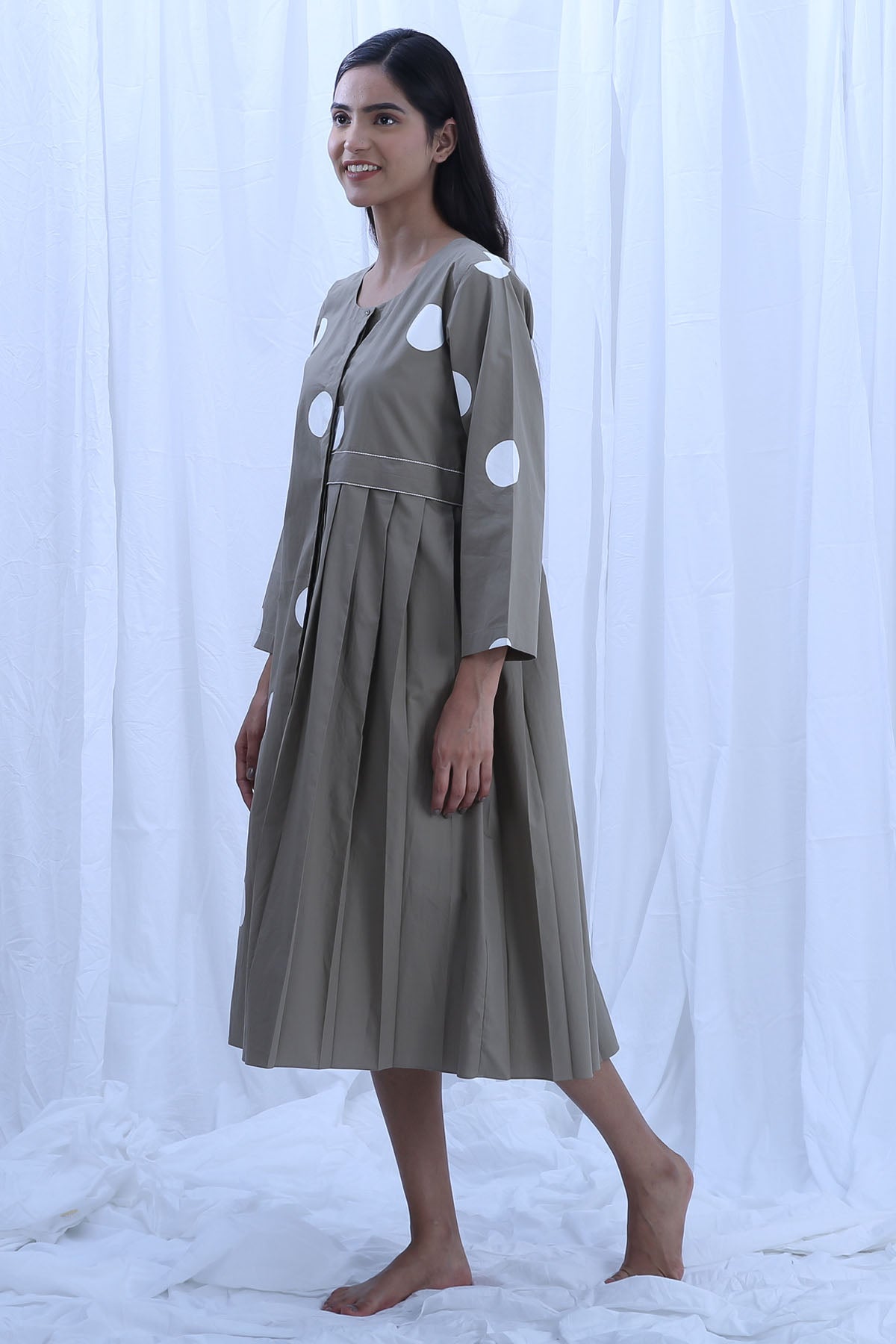 Green Print Pleated Midi Dress