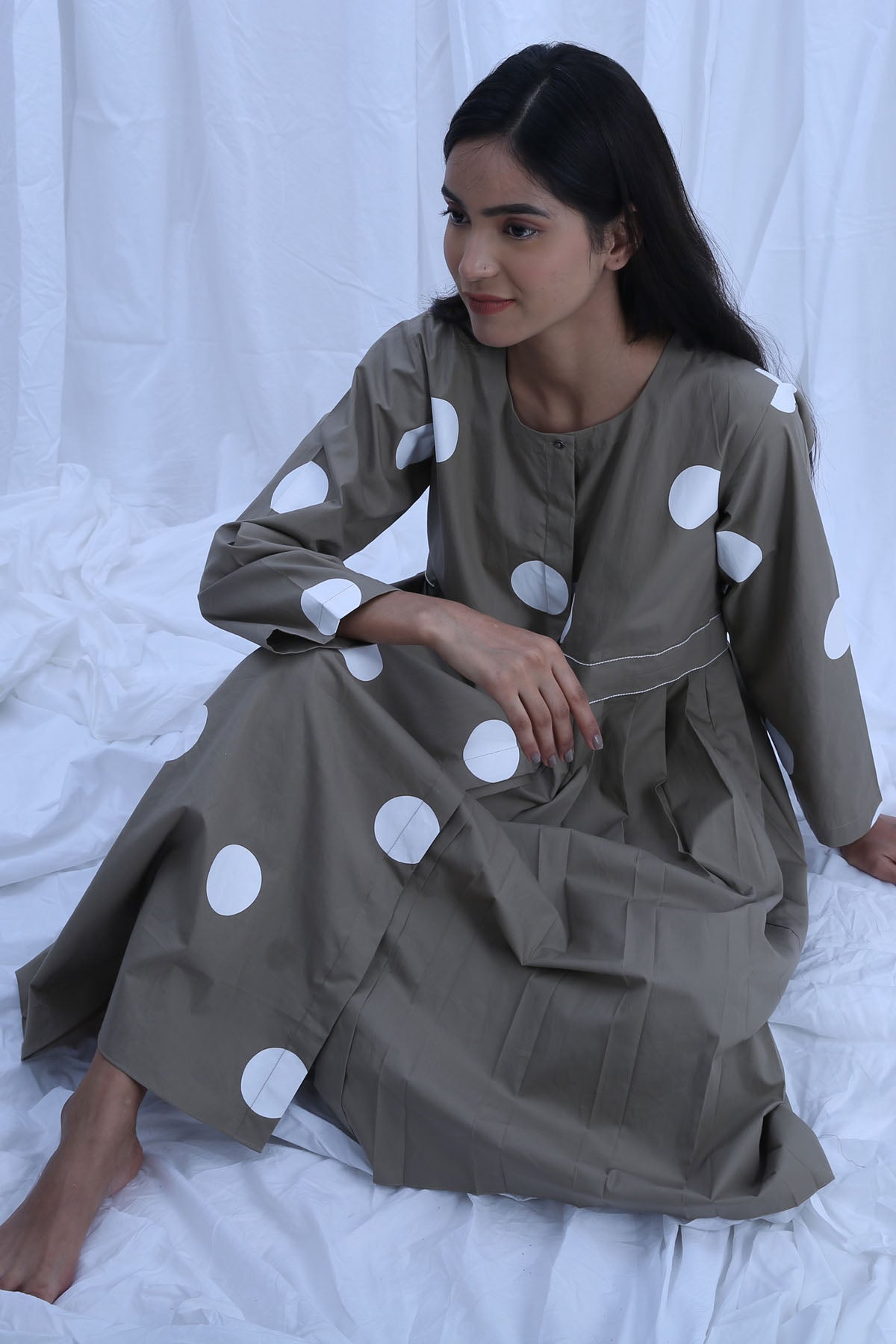 Green Print Pleated Midi Dress