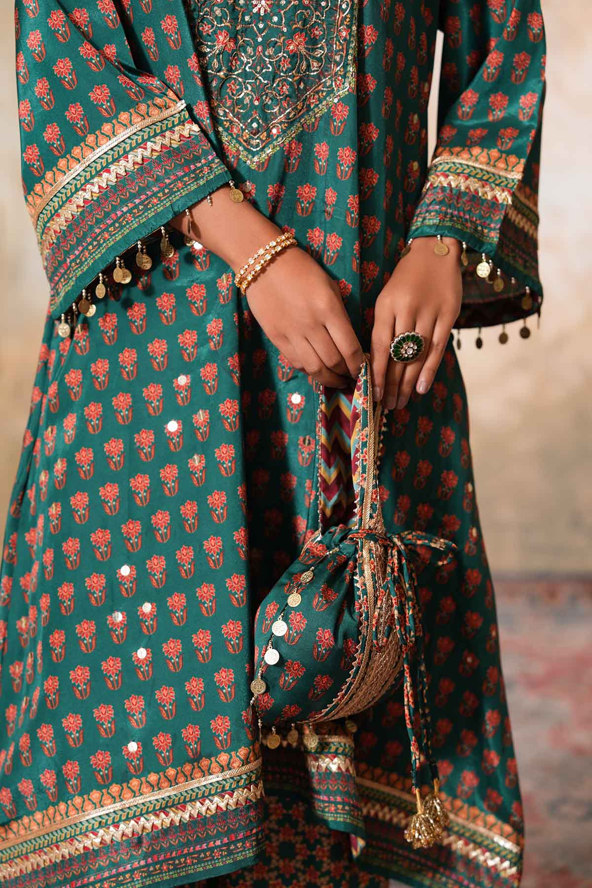 Green Printed Embroidered Kurta