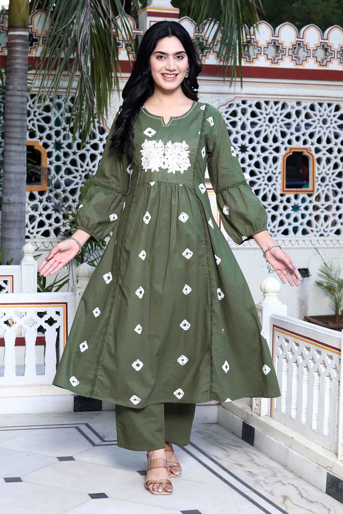 Buy Green Printed Flared Kurta Set by Miravan for women online at ScrollnShops