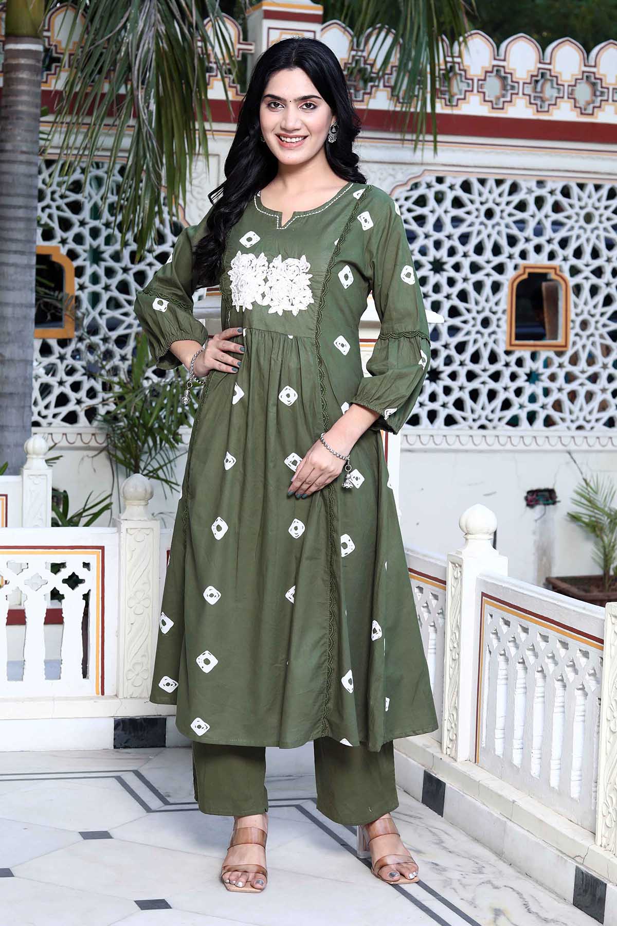 Green Printed Flared Kurta Set