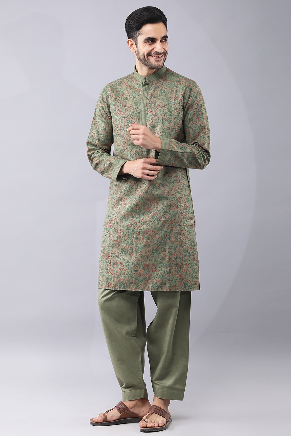 Buy Green Printed Floral Kurta Set by Manish Nagdeo for Men online at ScrollnShops