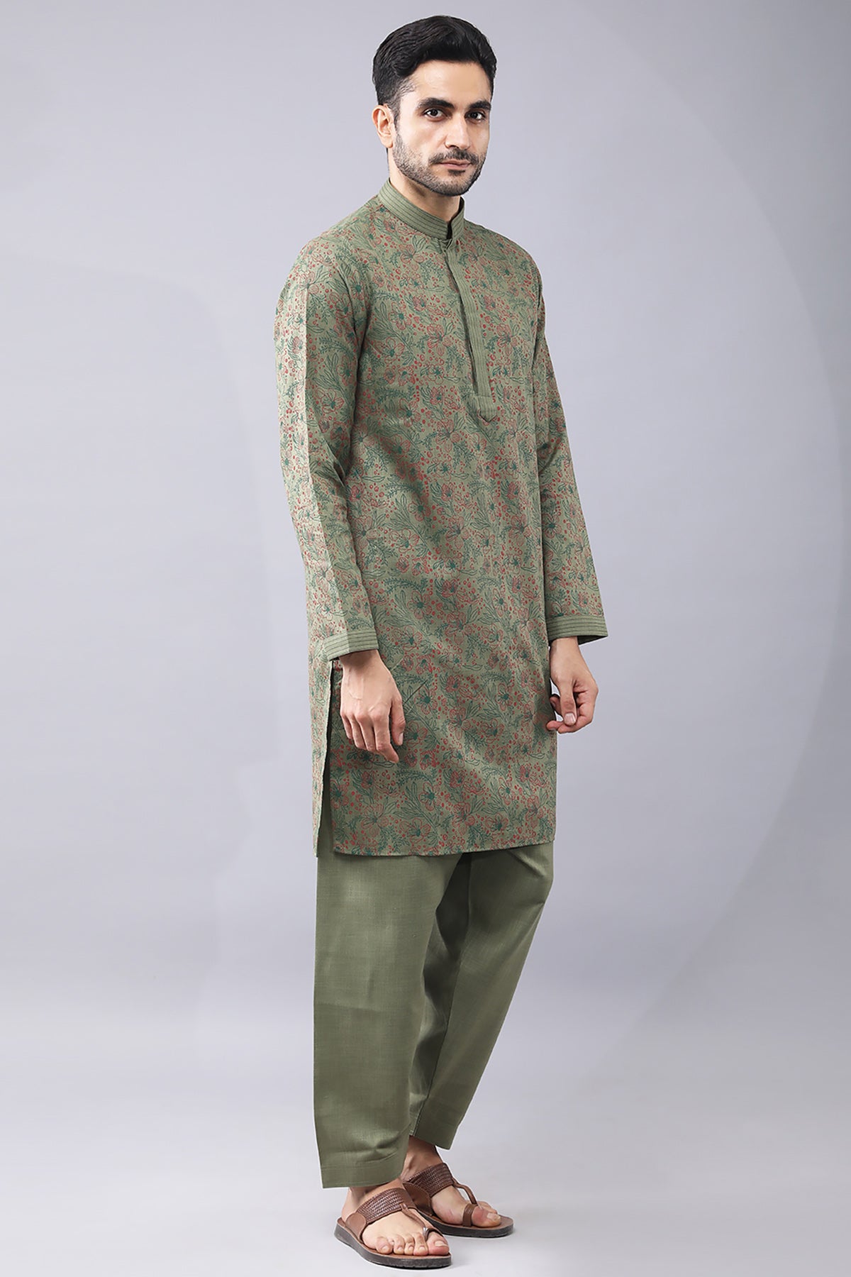 Green Printed Floral Kurta Set