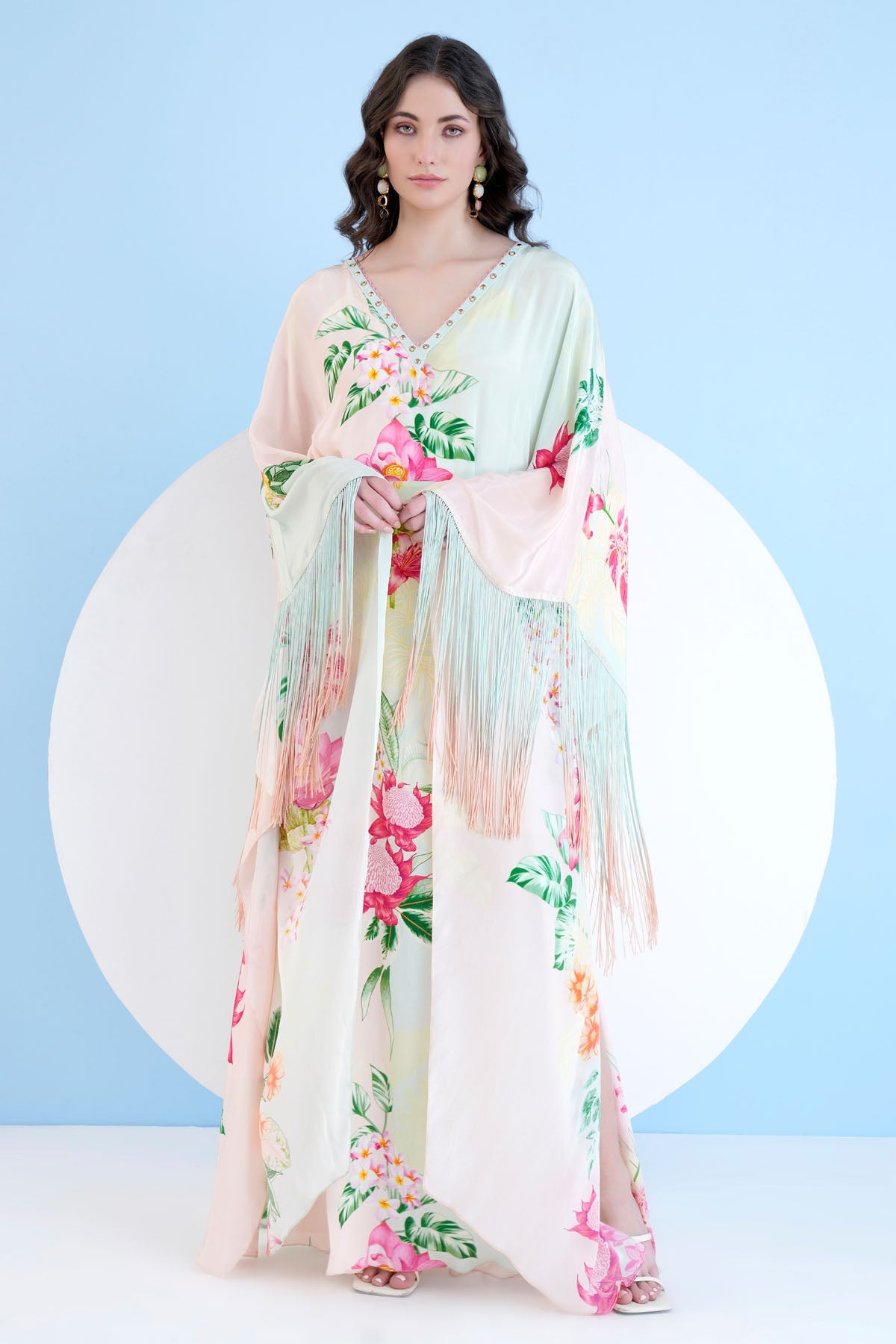 Buy Mandira Wirk Tropical Oasis: Fringe Detail Kaftan For Women at ScrollnShops