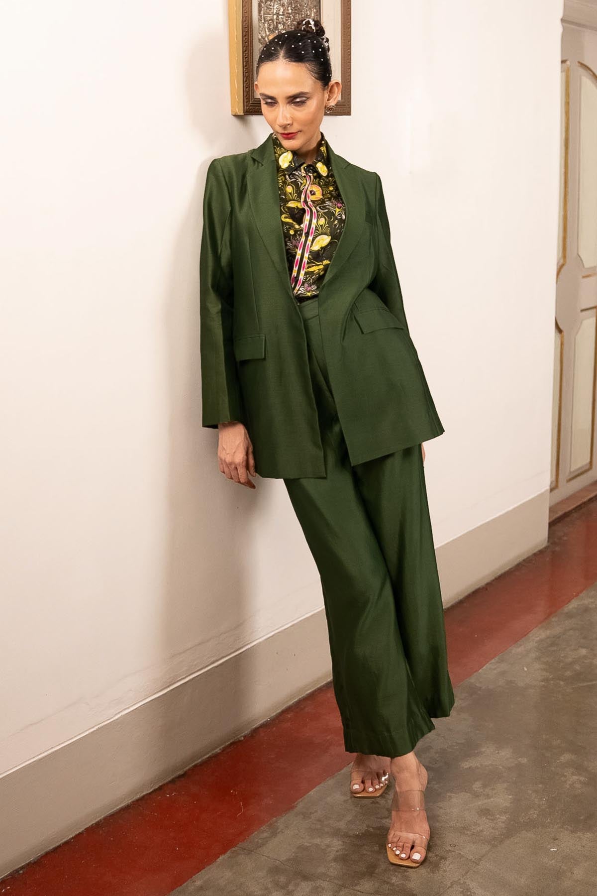 Green Printed Indo-Western Set