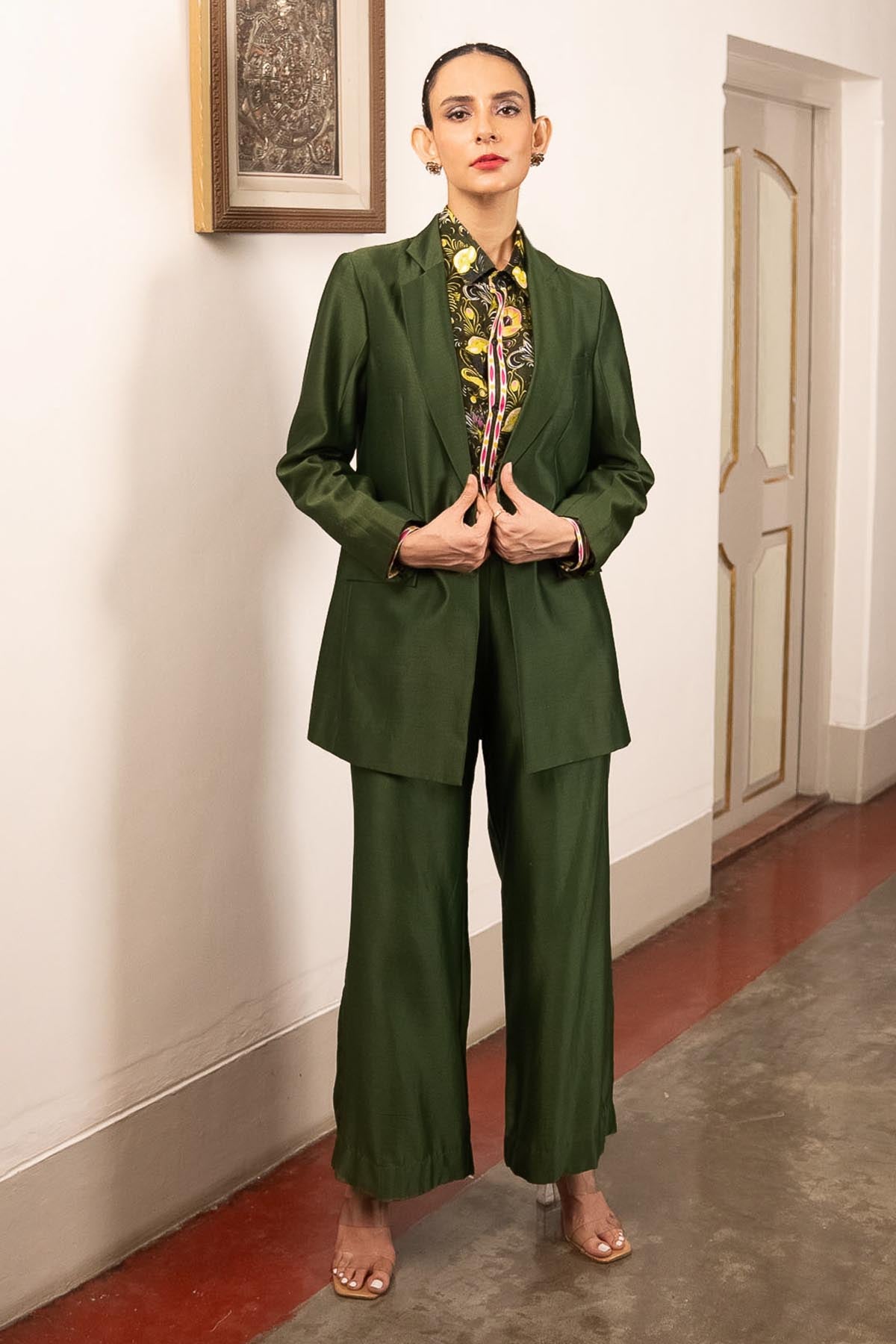 Green Printed Indo-Western Set